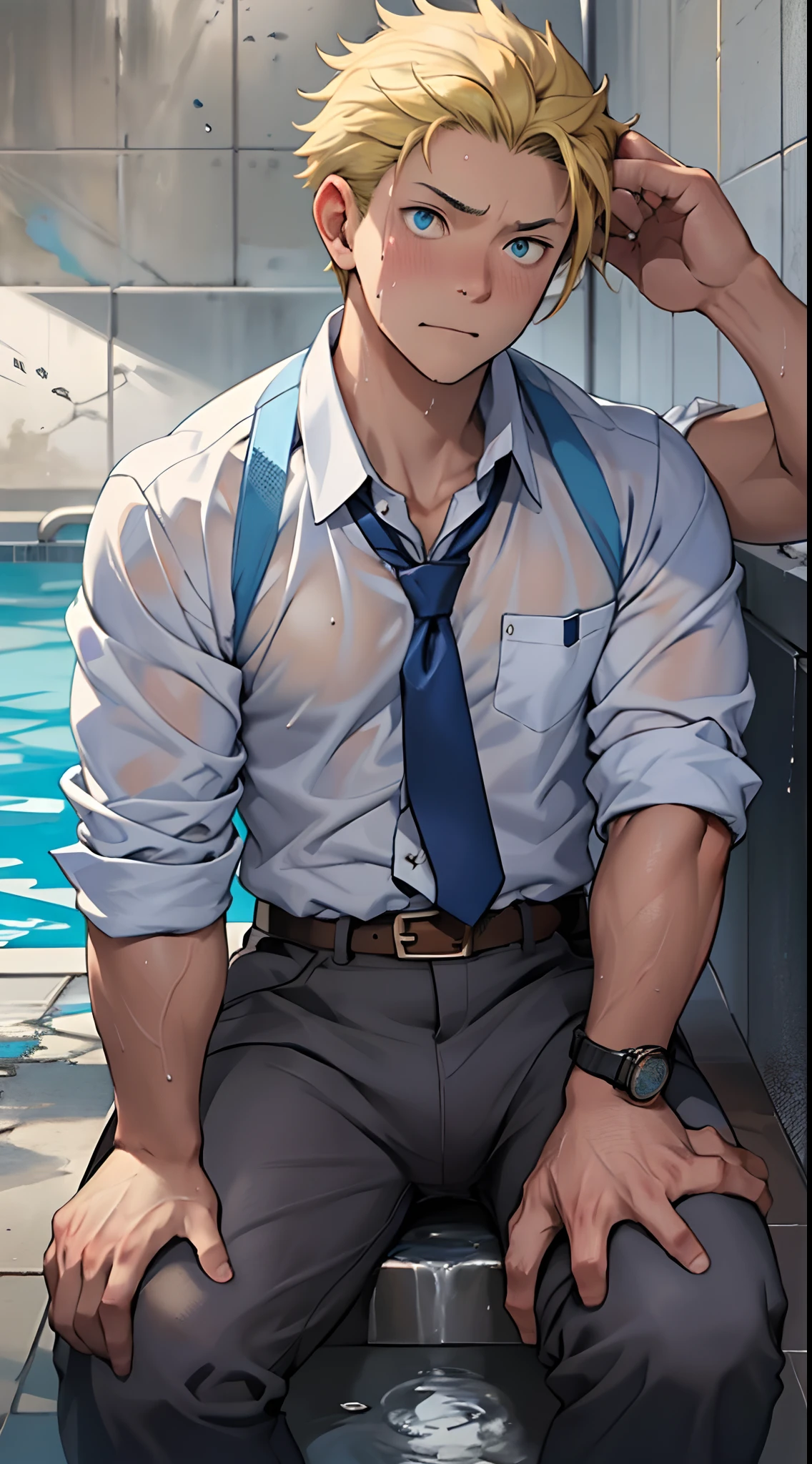 （1 Adult male），A high resolution， Sharp focus， Pixiv masterpiece， （（Complicated details））， highly  detailed， natsuki_subaru， 1 man，perfect male figure，Urine on the trouser leg， Nervously bow your head，is shy，embarressed，exhilarated，is shocked，panicking，worry，A pool of urine formed around him，Very eager to pee，Unbearable，Wet yourself，Urine discharge，full bodyesbian，sit astride，Tired，decadent， blue color eyes（eyes glowing）， Short yellow hair，white  shirt，Wear a tie，Wear a belt，trousers，perspire，Drenched，Get wet，pissing，urine flows down the pants，look from down
