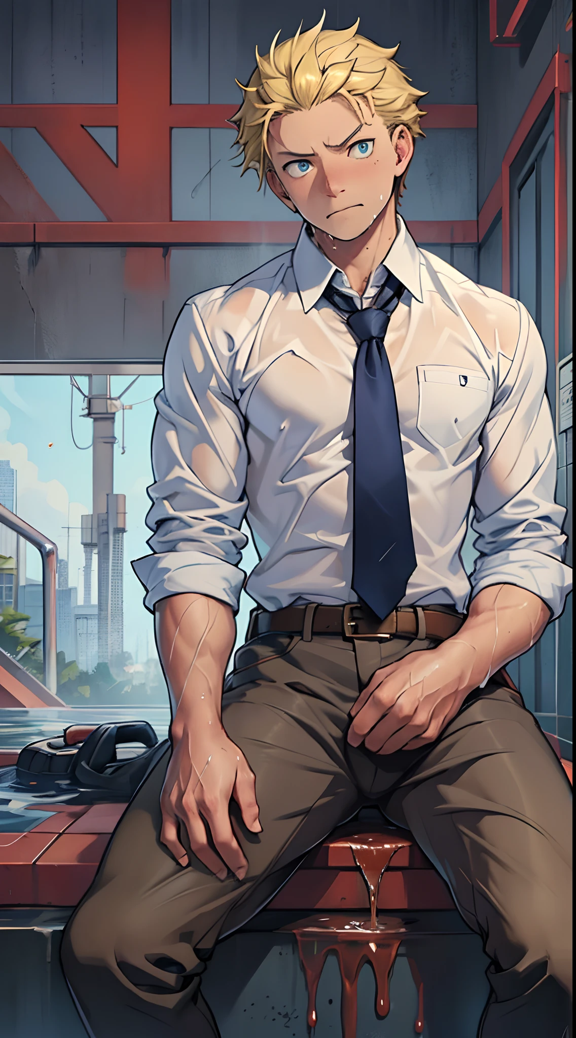 44-year-old middle-aged man masturbating with legs spread、 headphones、 Computer 、Short Hair、Normal body type、 Sitting on a Chair 、detailed expression、White shirt and tie、slacks、((Emphasis on the crotch))、The facial expression of orgasm、The background is a 44-year-old middle-aged man masturbating while sitting in a dark, small soundproof room 、Dark and spooky atmosphere、