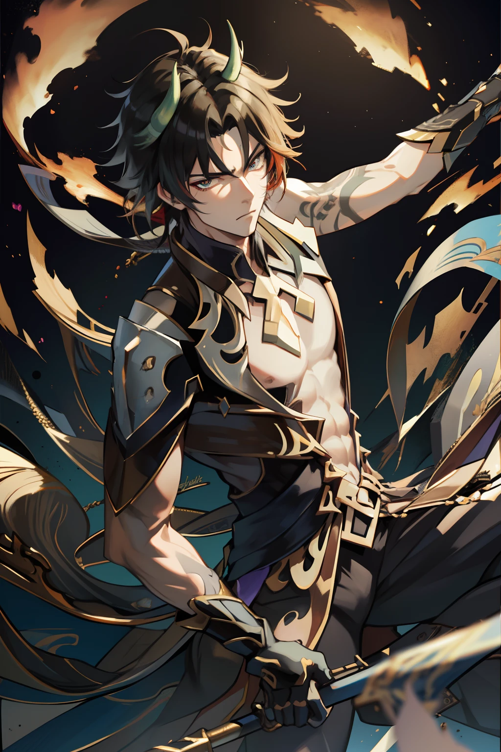（absurderes，A high resolution，Hyper-detailing，hdr），Dragon's horn，younge boy，tmasterpiece，best qualtiy，1人，独奏，Handsome，Golden eyes，Fine eyes and detailed face，toppless，Tattooed with，arma，Indifferent and arrogant，Abs，chest muscle，Raised sexy，Ruffian，Show your temperament，Male，masculine appeal，Male characteristics are distinct，Long messy hair，Arrogant，self-assured，Majestically holding a spear，Pondering，Legs crossed，white pantie，supreme，Lazy，Handsome，