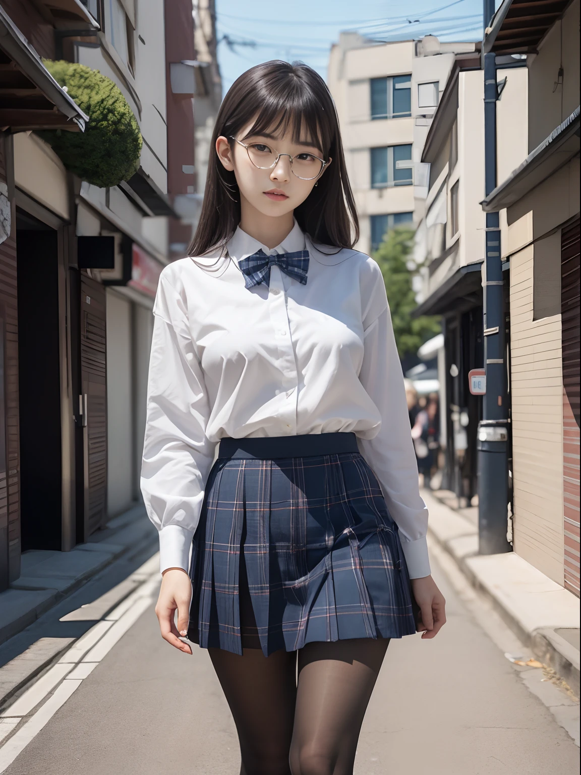 (8K、Raw photography、top-quality、masterpiece:1.2),absurderes,a small face,small tits,flat breast,Parting the bangs from the middle、Forehead visible,(Tight eyes,Bullish,skinny,Rasping,irate)、masterpiece,top-quality、超A high resolution,Raw photo,ren,Beautiful fece,One Person, 独奏,eye glass,,Dark look,Small breasts,fullllbody,Round glasses、cute little、A Japanese Lady,is standing,(Tight eyes,Bullish,skinny,Rasping,irate,small tits,flat breast)、(Photorealsitic:1.37)、Photon mapping,Light blue ribbon,Realistic、Cute little face,Brown-eyed、Black socks、(Red bow tie)、Radio City、Physically Based Rendering、Foreground、depth of fields、Blurry background、a picture,The girls、Body, Long legs, Thin leg,Semi-long,(Bangs are visible), hair, s lips, Blue_The eye, nosesoft,White shirt, Navy blue and white plaid pleated skirt, Knees are visible,Sheer clothing,, Thigh, Black cotton socks,Nogizaka Idol, 女優, Japanese ido