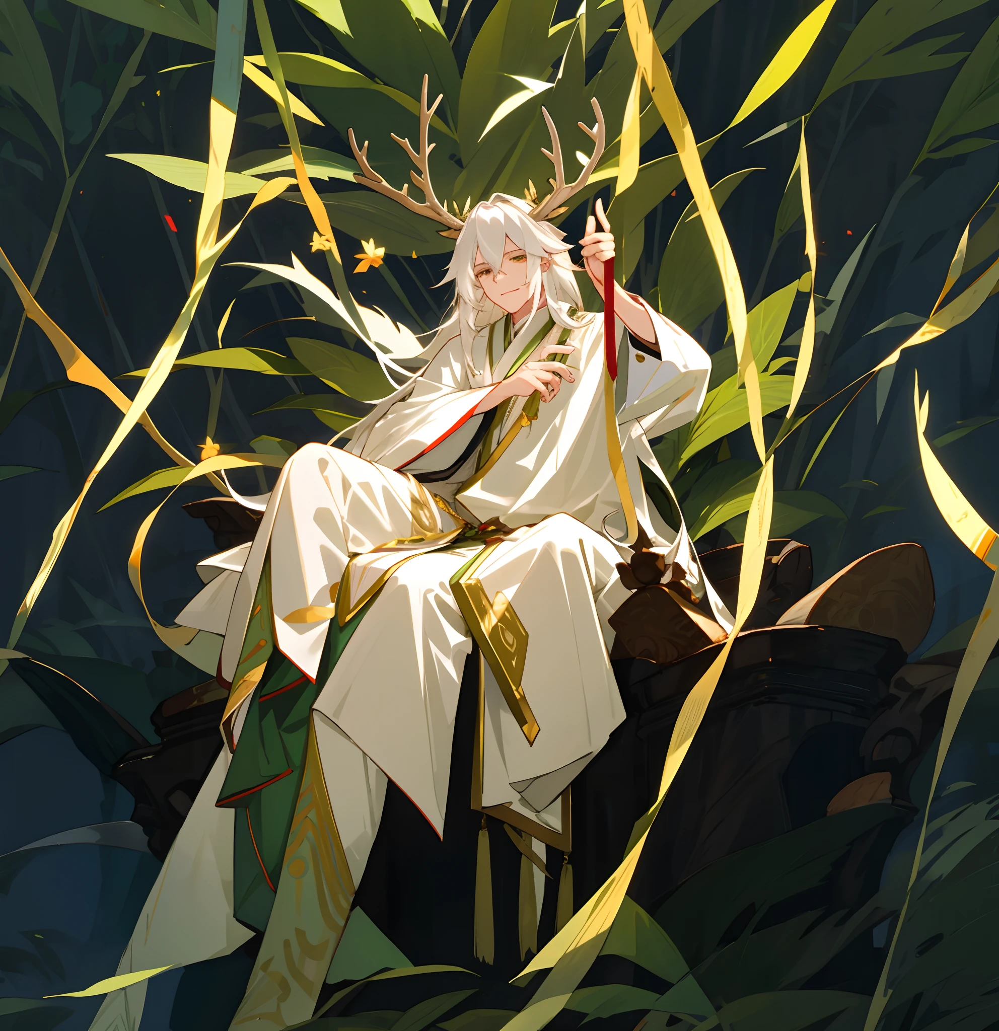 The image of a man sitting on a giant leaf, White-haired god, Beautiful god, deer antlers, The deities, Charismatic, God of the forest, God of abundance,The medicine king of mercy,Shou plague ancestor,Six hands,Kamimei
