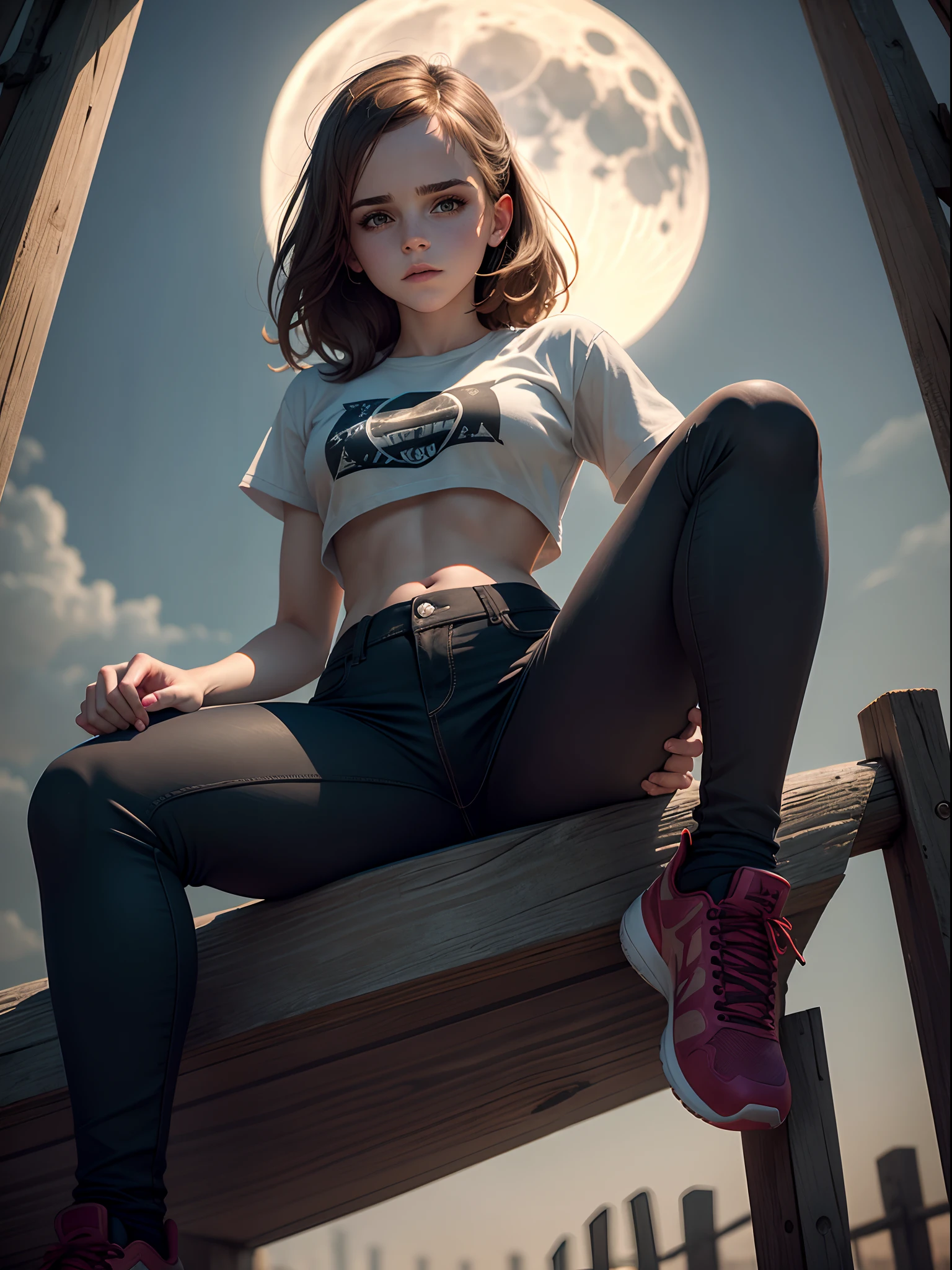  emma watson dressed as jason voorhees. tight work pants, crop work shirt. sitting on a fence. underboob. background moon.