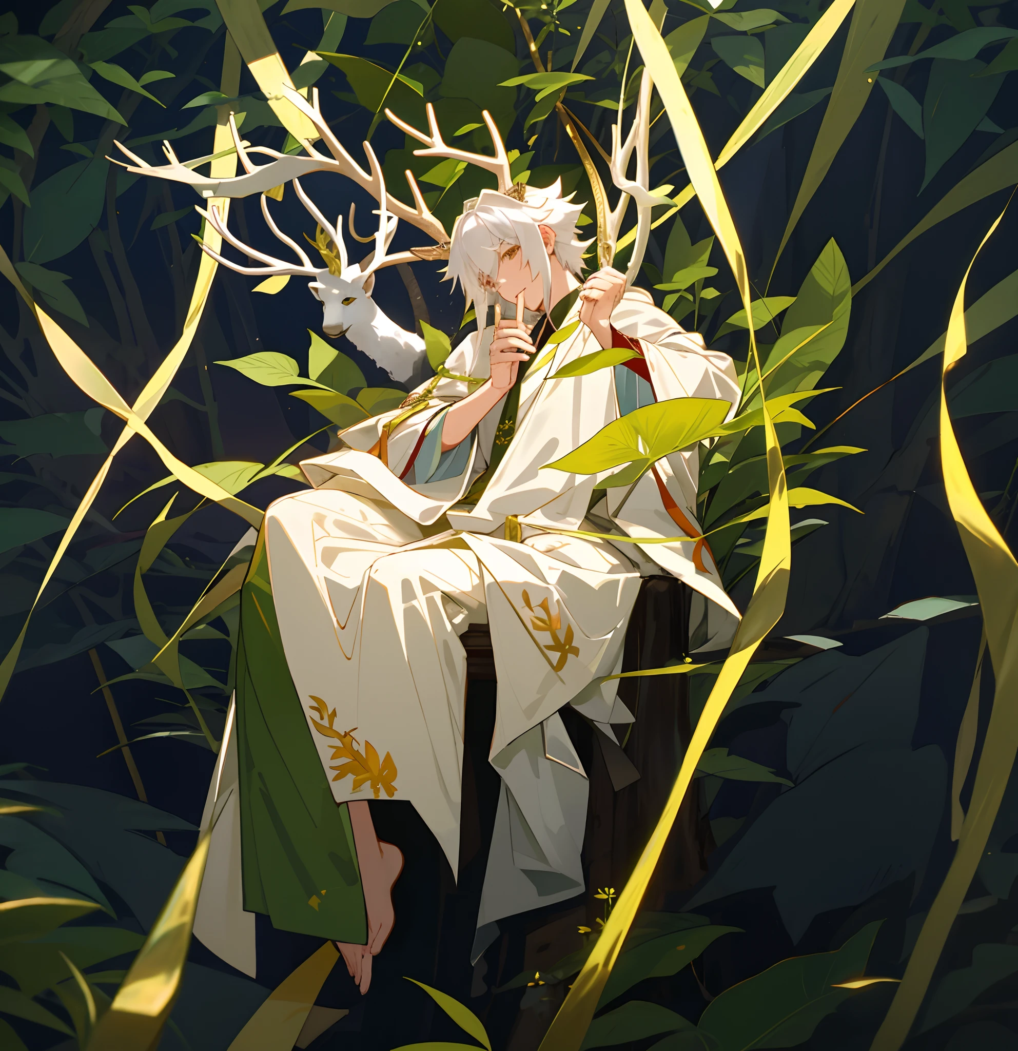 The image of a man sitting on a giant leaf, White-haired god, Beautiful god, deer antlers, The deities, Charismatic, God of the forest, God of abundance，The medicine king of mercy，Shou plague ancestor，Six hands，Kamimei