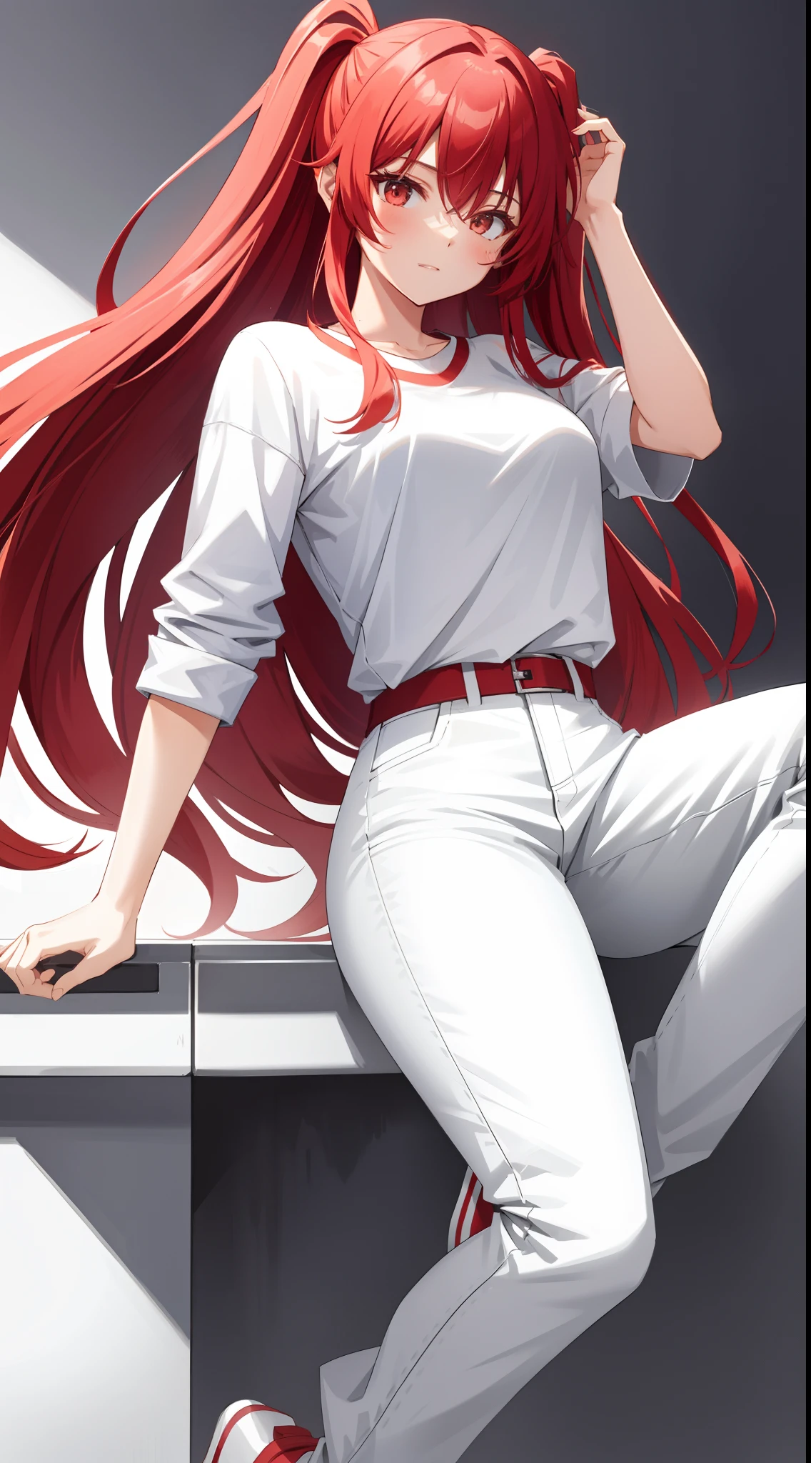 a woman in a white shirt and red pants is playing video game, simple style, wearing elegant casual clothes, muted red, simple clothes, milk and red style, casual clothing style, modern fashion outfit, wearing a fisher , casual modern clothing, inspo, red clothes, red pants, neutral tones, rred and white color scheme, casual business outfit, scary face, nike shoes, 22 years old, adult face, long hair, ((red hair))