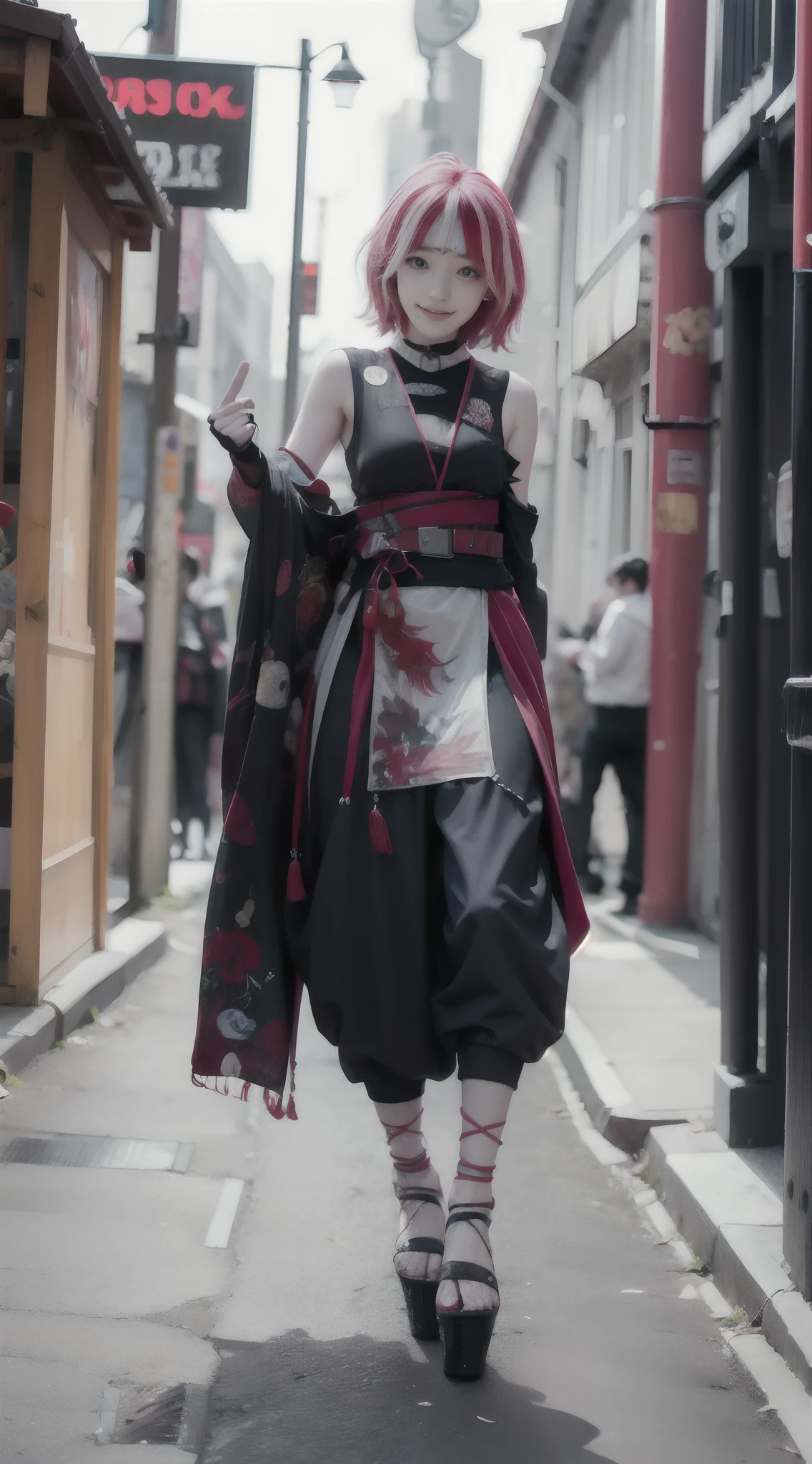 Kureiji ollie, 1girl, street, 30 years old, pose, ninja suit, black red suit, shock expression, glaring eyes, realistic, detail photo, smile, full body