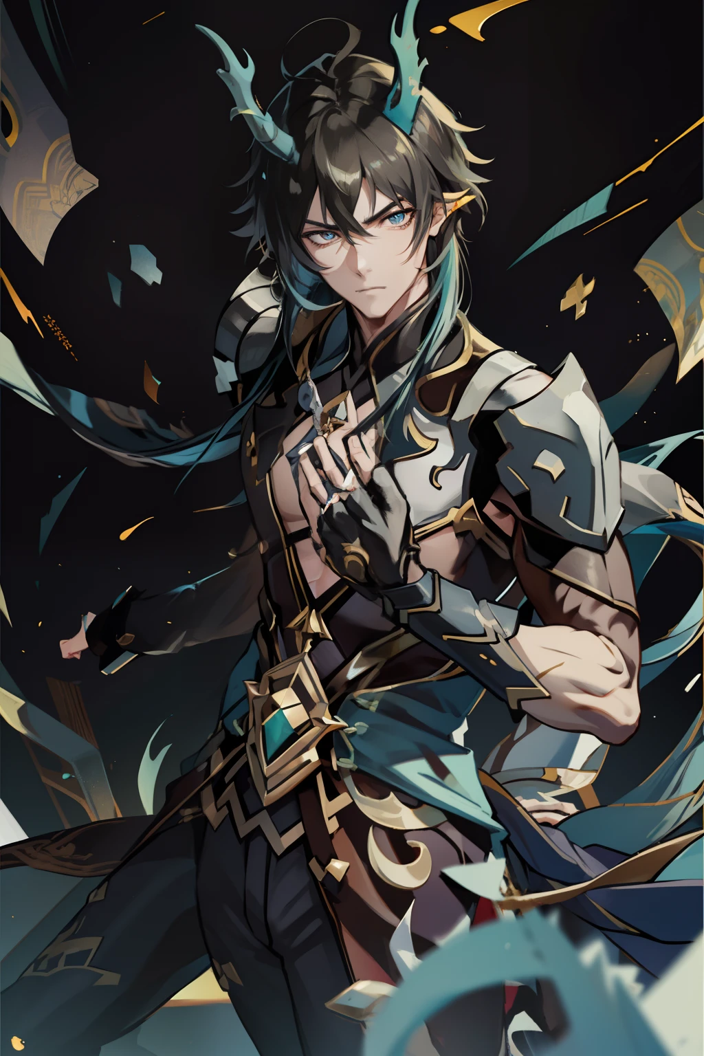 (absurderes,A high resolution,Hyper-detailing,hdr),Dragon's horn,younge boy,tmasterpiece,best qualtiy,1人,独奏,Handsome,Golden eyes,Fine eyes and detailed face,toppless,Tattooed with,arma,Indifferent and arrogant,Abs,chest muscle,Raised sexy,Ruffian,Show your temperament,Male,masculine appeal,Male characteristics are distinct,Long messy hair,Arrogant,self-assured,Majestically holding a spear,Pondering,Legs crossed,white pantie,supreme,Lazy,Handsome,