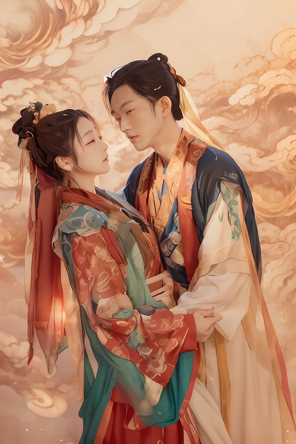 best qualtiy， ultra - detailed， tmasterpiece， finedetail， A high resolution， 8k wallpaper， realistic detail， Clothing details， skin detailed， Photoshop \（curly\），Far Mountain， Skysky， （ulzang-6500-v1.1：0.5）， Ancient Chinese couple，Look at each other，dunhuang_cloths，dunhuang_Style，Dunhuang background，