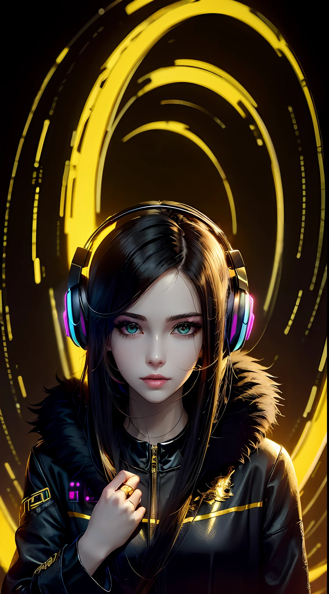 cyber punk perssonage，Kasha，Hold the viewer's hand with your back to the camera，sideface，Asymmetrical face shape，Fluorescent headphones hang behind your hair，Black fur coat，Decorated with a gold dragon motif，Detailed depiction，The upper part of the body，城市，best qualityer，16k high resolution wallpaper，