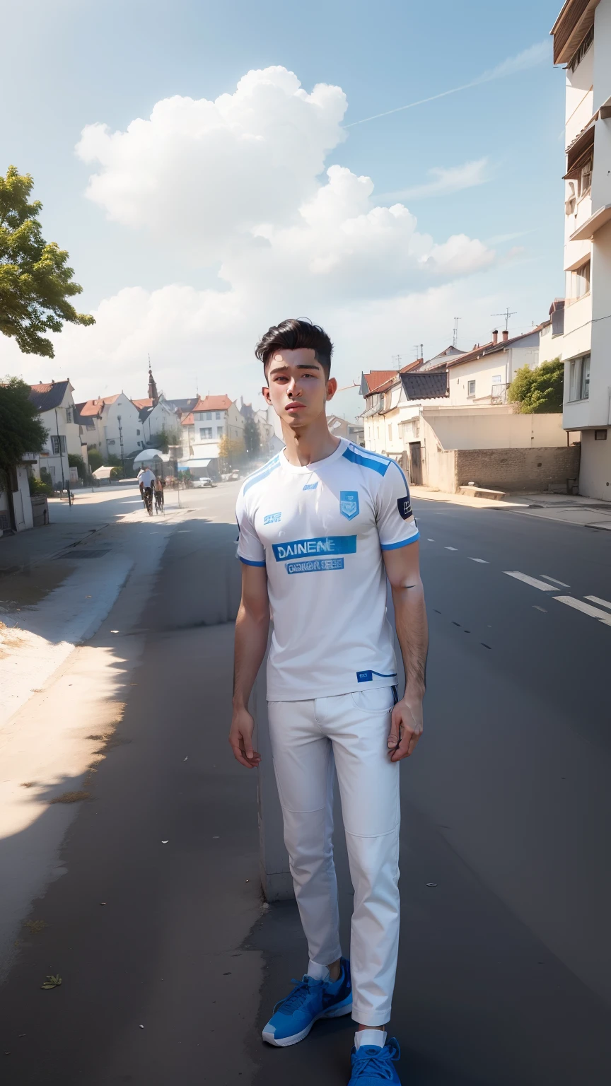(masterpiece:1.2), (best quality:1.2), t-shirt ((color: white)), blue sky background, face ((4k quality; no Noise)) hair ((danish zehen; white))