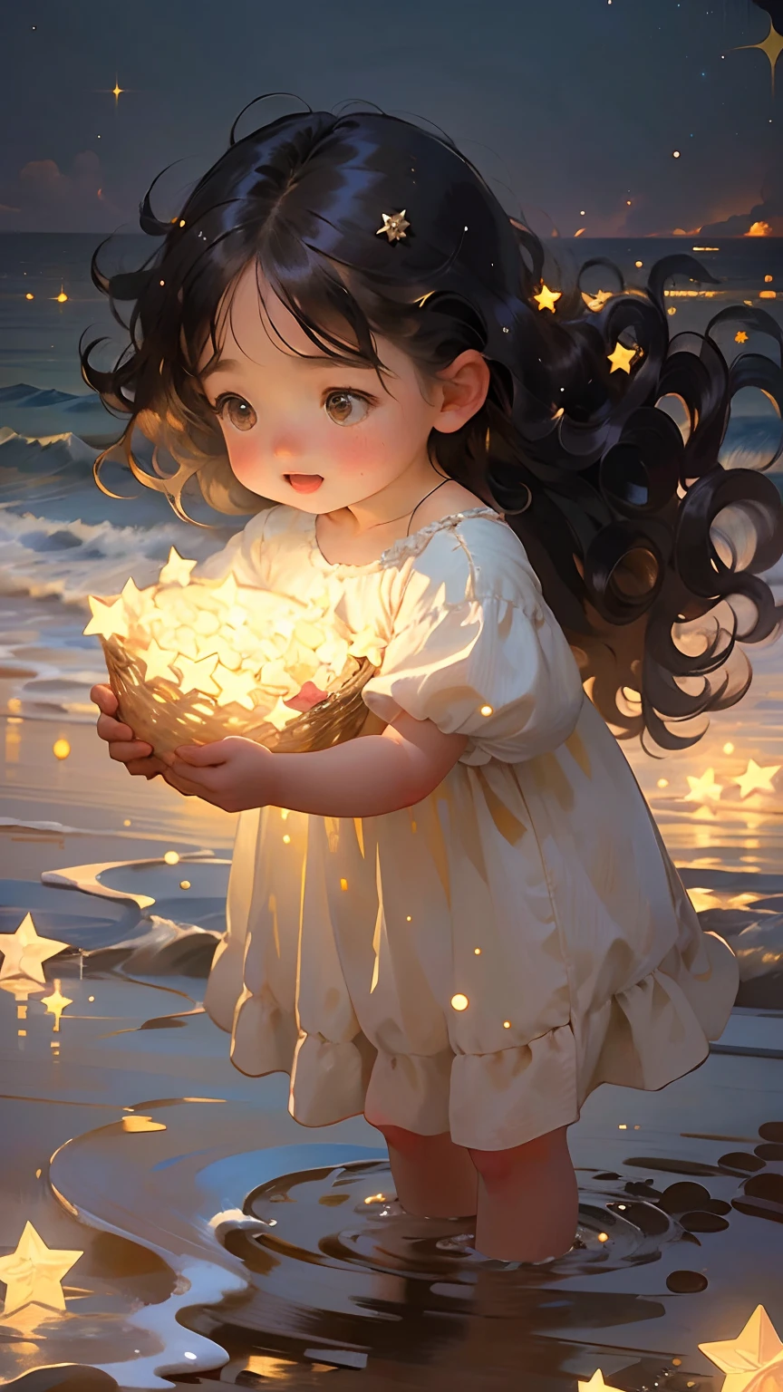 (((Masterpiece: 1.2, Realistic: 1.37, Ultra-high resolution))), Female model, Fair skin, Long curly hair,  girl by the sea, Rose petals everywhere, High contrast, Dynamic, Soft focus, Night, stars, Starry sky, Sea,high qulity，highest  quality，((There are no three feet)),((There are no six fingers))