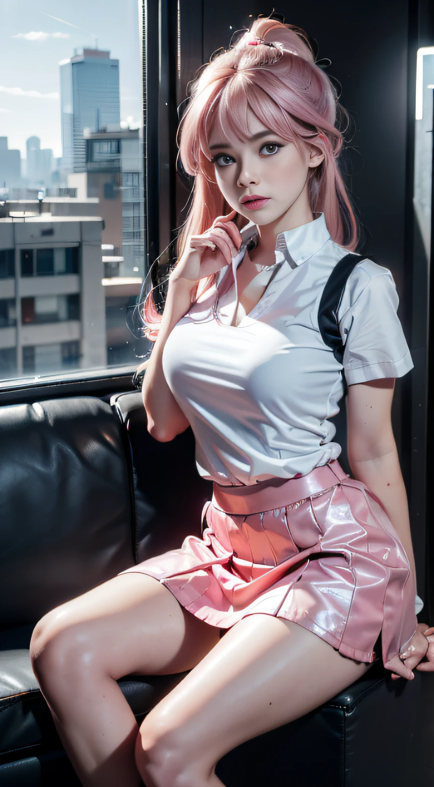 Photorealistic, High resolution, Soft light,1womanl, Solo, hips up high, (Detailed face),The tattoo, Jewelry, Current School Classrooms，On the podium，Wear a uniform、（Black flared skirt），Bigchest，low chest, Long hair、((poneyTail))、((up skirt)）、（(mix４)）、((appearance々Colored panties)）、((A pink-haired)）
