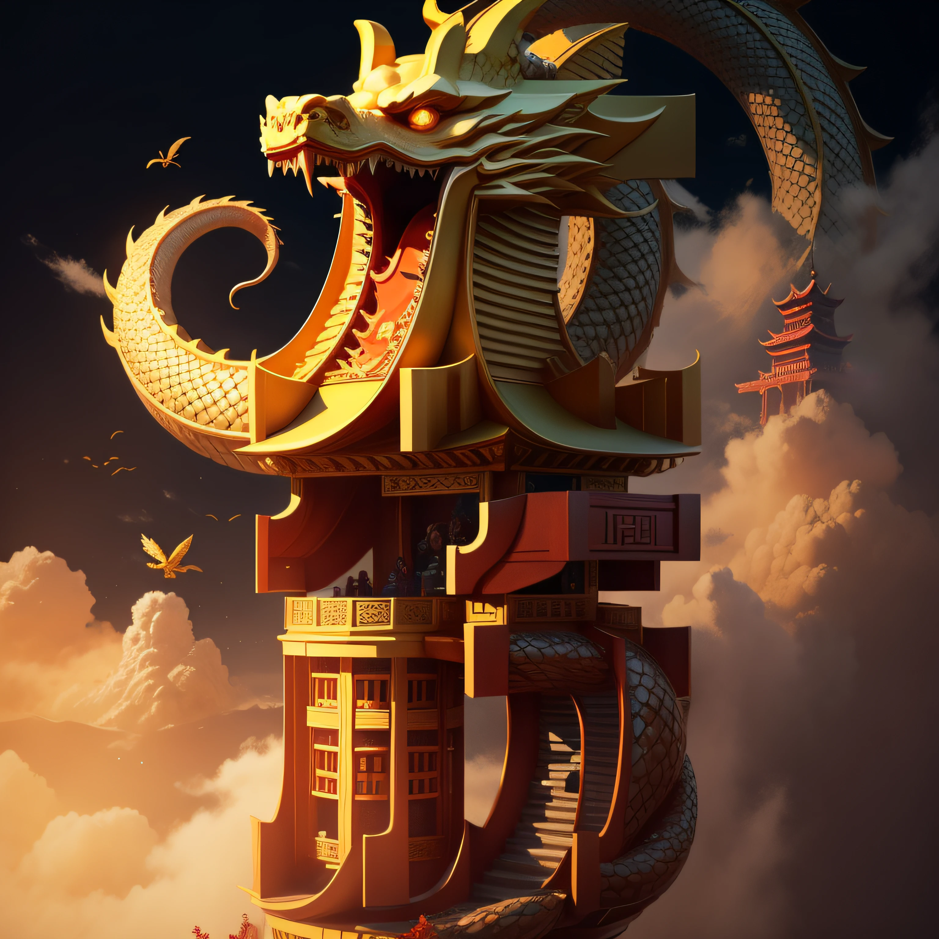 The flying dragon hovers over the Chinese-style building,gold,totem,tmasterpiece,Best quality,ultra - detailed。