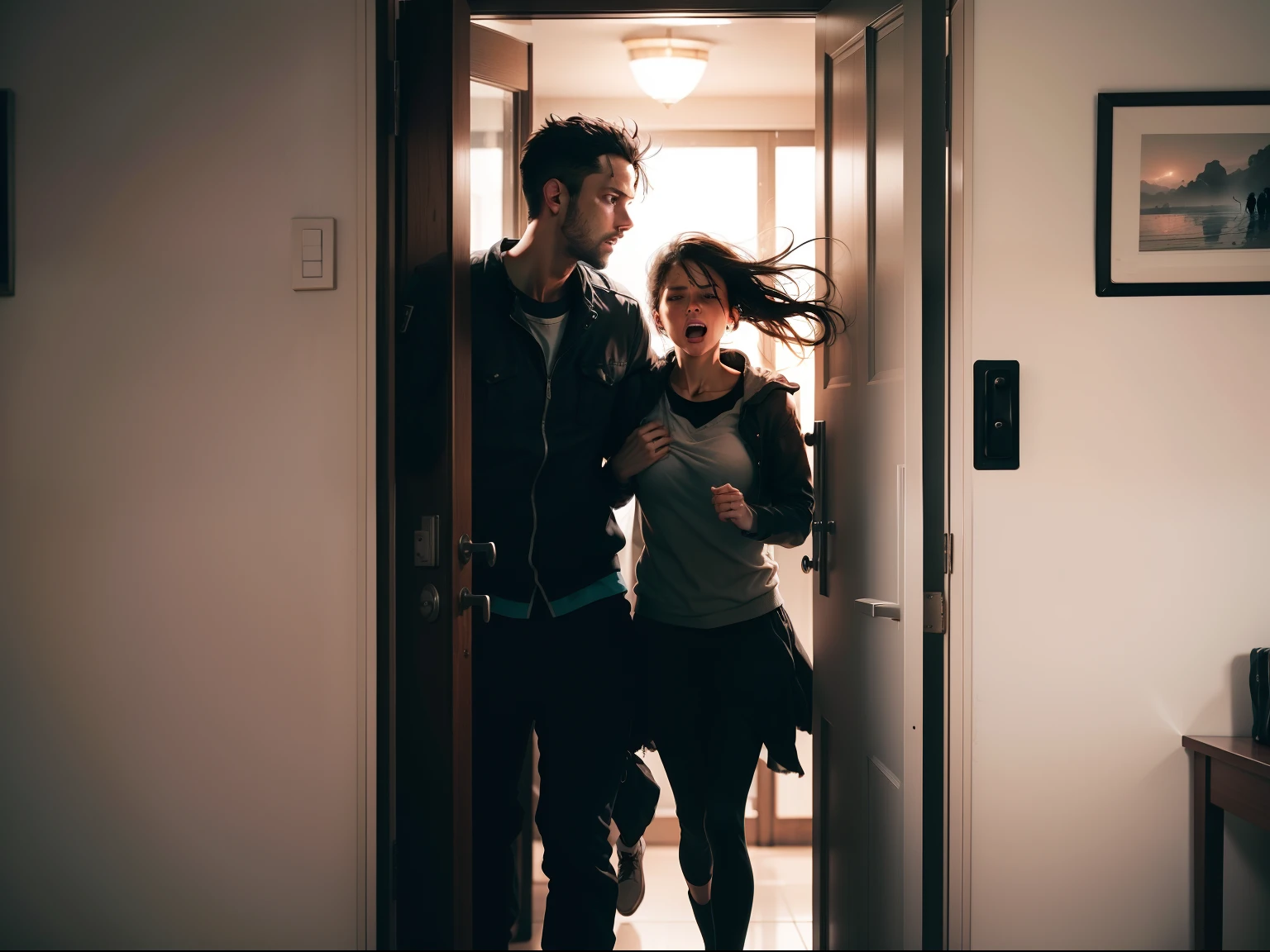•	Depict their desperate struggle to flee.
•	Highlight the moment the door slams shut and the ensuing psychological turmoil.
•	Describe their triumphant escape and the lingering effects on their psyche.