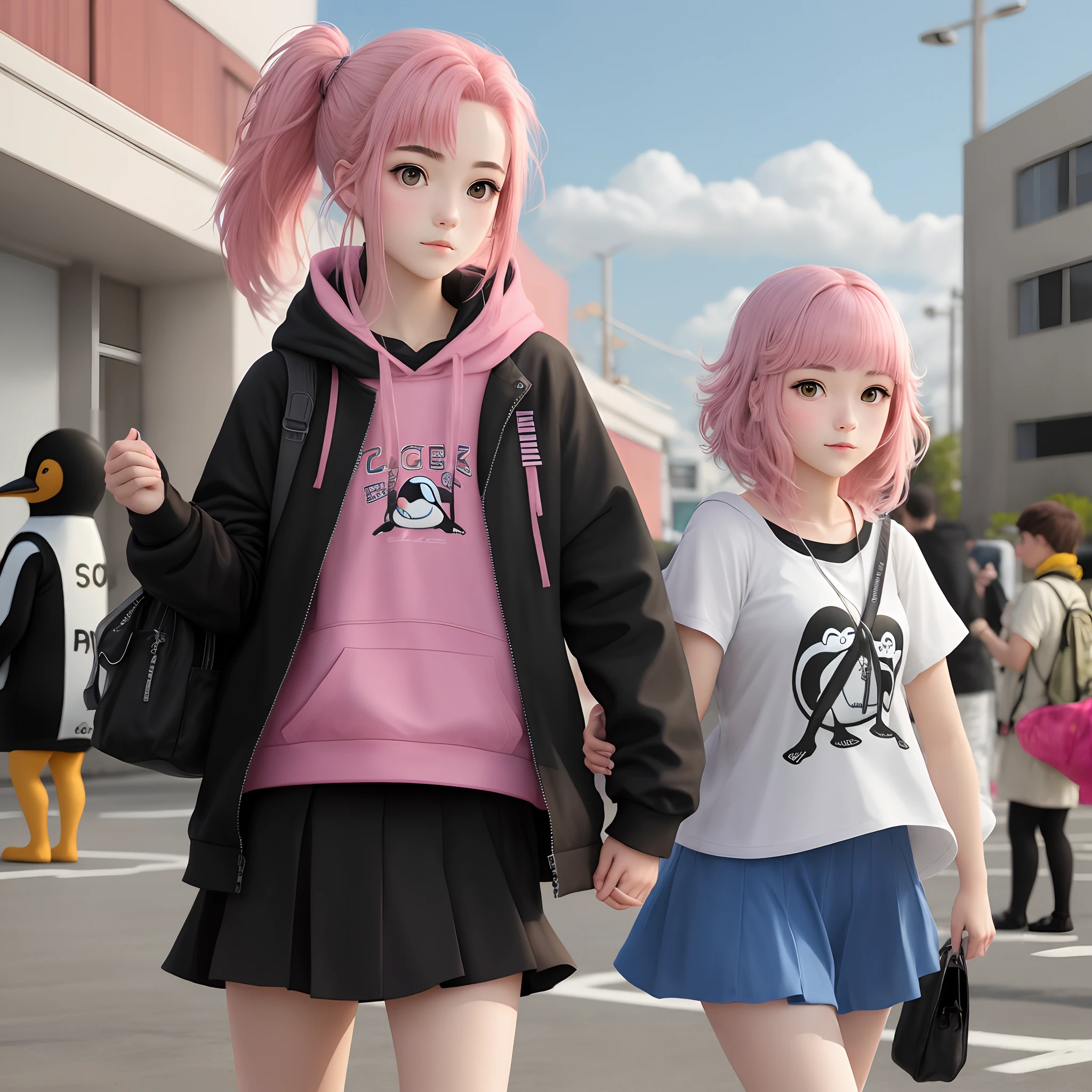 A pink-haired，s girl，pinguin