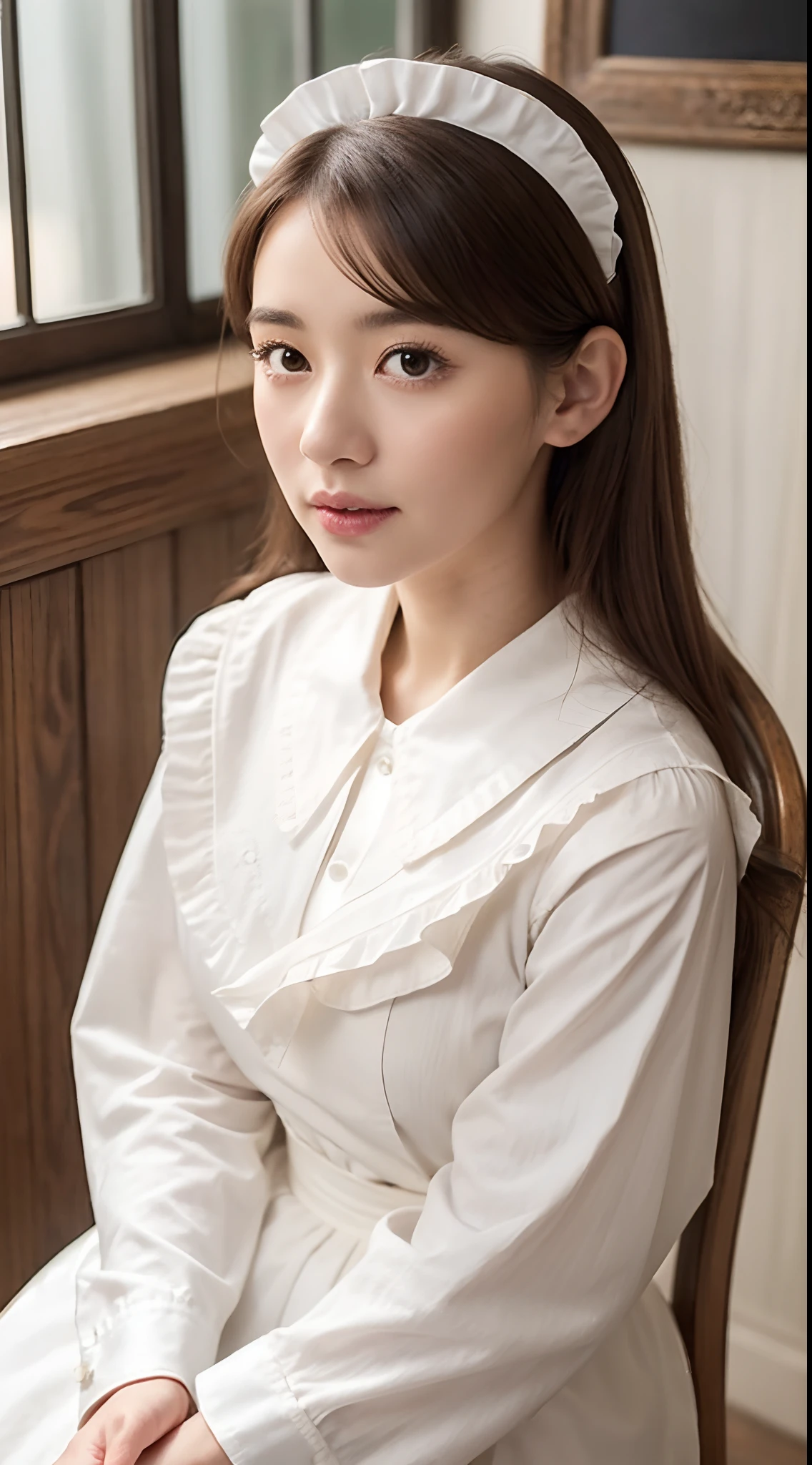 (in a cafe:1.2)、(Spread the highest quality 8K video:1.2)、(Viewers look down from above:1.2)、30 year old young woman with beautiful detailed style、endearing、(((Maid clothes with little exposure:1.2)))、(Sit gracefully in a chair:1.2)、Her beautiful detailed face is、Sophisticated makeup、Beautiful details in the eyes shine、Dazzlingly beautiful detailed duplex、Complement its eyes、(Attractive brown hair:1.2)、Perfectly harmonizes with her atmosphere、 She stared at the viewer with a calm expression.、Receive orders with graceful gestures、Gorgeous flowers in the café々Decorated with、Quiet atmosphere、(With a gentle gaze:1.2)、With its beautiful detail style、Warm brightness in the store、 This scene is、It depicts a beautiful scene like a masterpiece.、Viewers can enjoy its beauty in 8K quality、Her presence is、Add charm to your café space、Viewers get a closer look at beautiful details.、It was a fun time、