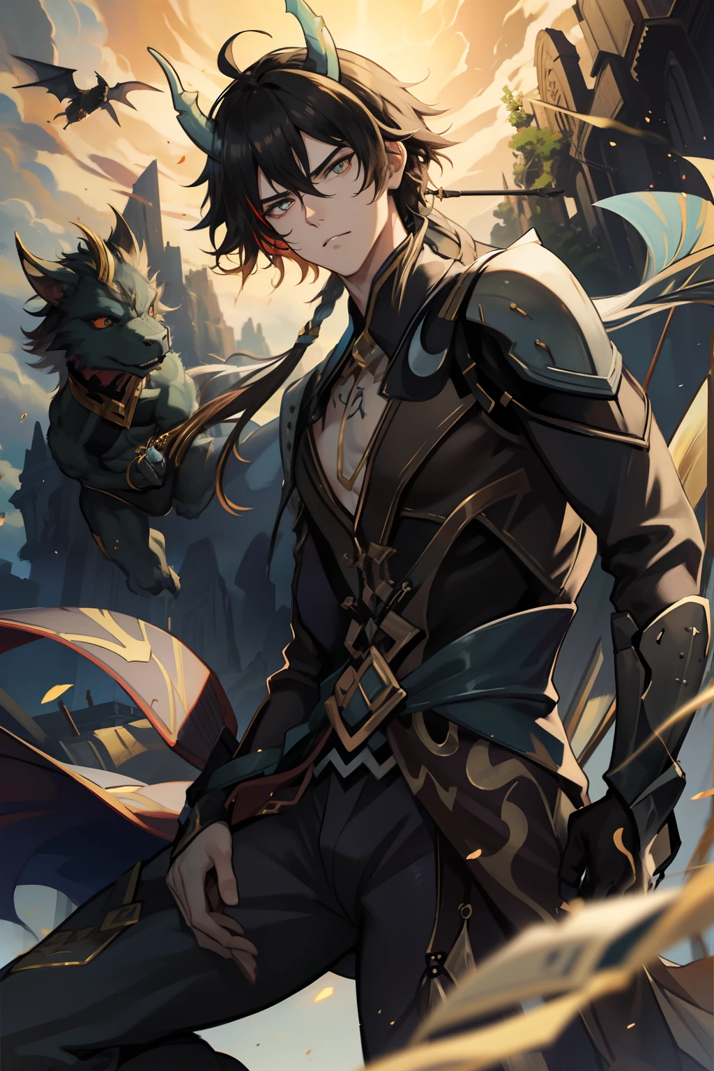 (absurderes,A high resolution,Hyper-detailing,hdr),Dragon's horn,younge boy,tmasterpiece,best qualtiy,1人,独奏,Handsome,Golden eyes,Fine eyes and detailed face,toppless,Tattooed with,arma,Indifferent and arrogant,Abs,chest muscle,Raised sexy,Ruffian,Show your temperament,Male,masculine appeal,Male characteristics are distinct,Long messy hair,Arrogant,self-assured,Majestically holding a spear,Pondering,Legs crossed,white pantie,supreme,Lazy,Handsome,