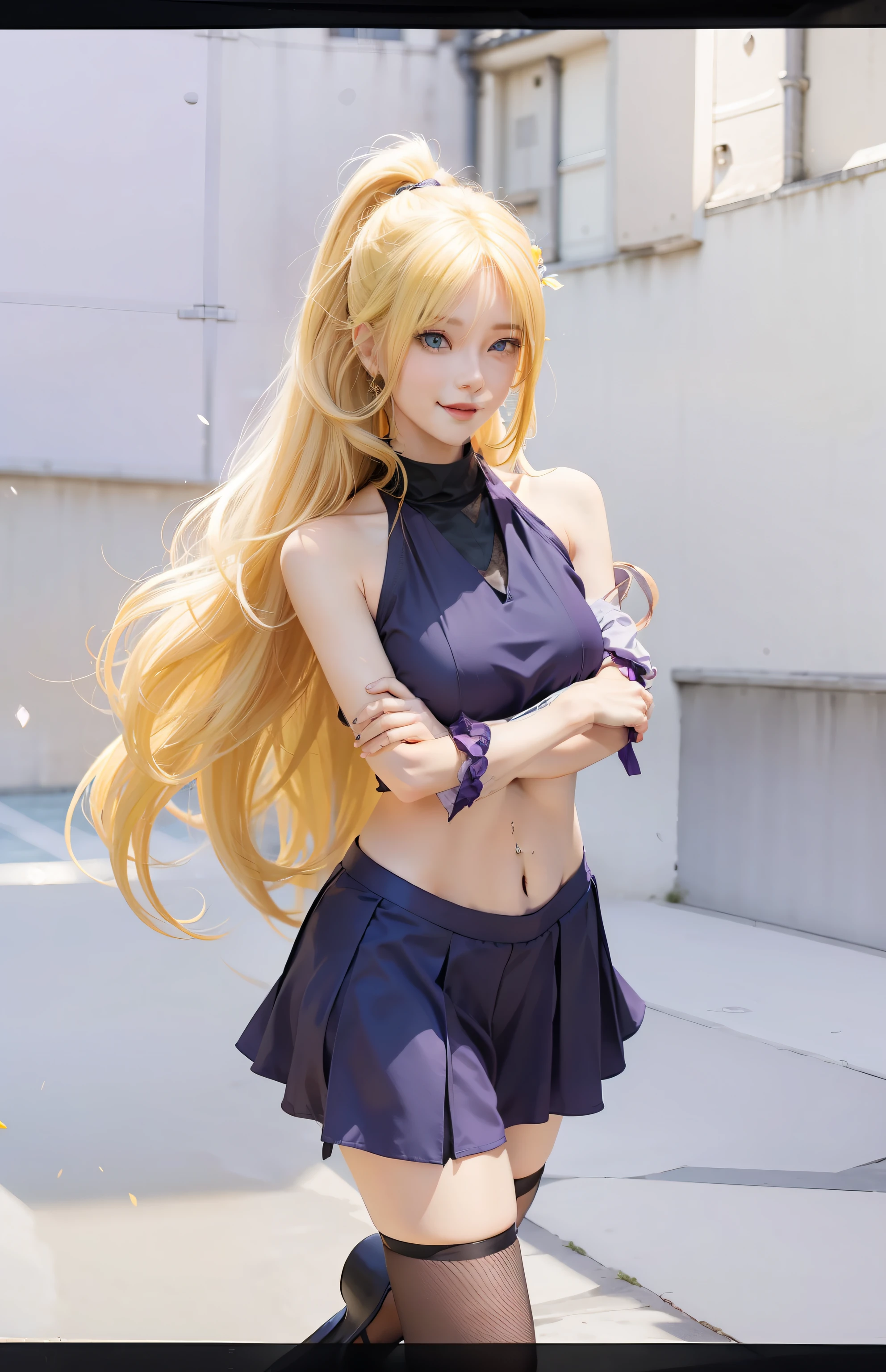 1girl, yamanaka ino, long hair, sexy dress, yellow hair, blue eyes, smile, beautiful, purple clothes, very big breast, sexy clothes, outdoor background, ultra detail, realistic