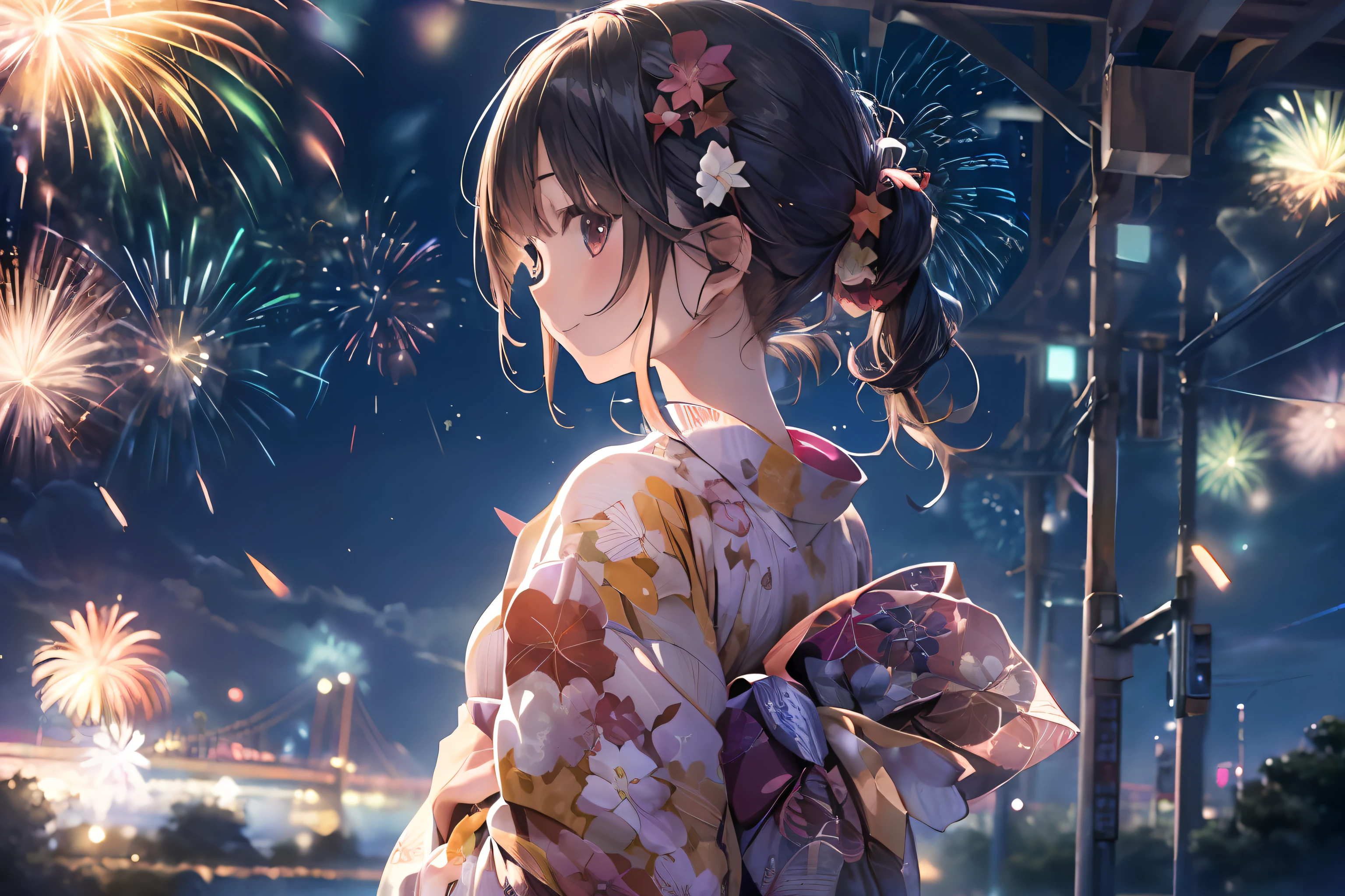 Beautiful Japan girl yukata、(Fireworks in the vast night sky),(top-quality、8K、32K、​masterpiece、nffsw:1.3)、(Photorealsitic:1.4)、Raw photography、a smile:1.4、Wide Angle、hair adornments,Elegant Pose、skyrocket、Fireworks glare、depth of fields、lensflare、accurate hands