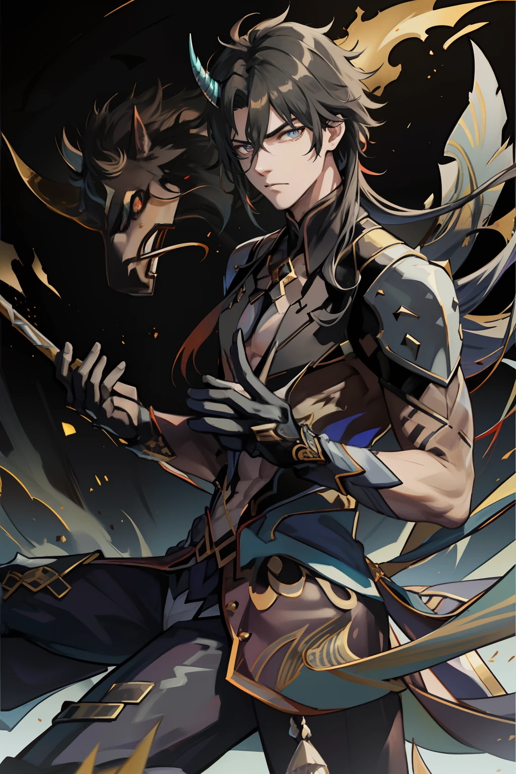 （absurderes，A high resolution，Hyper-detailing，hdr），Dragon's horn，younge boy，tmasterpiece，best qualtiy，1人，独奏，Handsome，Golden eyes，Fine eyes and detailed face，toppless，Tattooed with，arma，Indifferent and arrogant，Abs，chest muscle，Raised sexy，Ruffian，Show your temperament，Male，masculine appeal，Male characteristics are distinct，Long messy hair，Arrogant，self-assured，Majestically holding a spear，Pondering，Legs crossed，white pantie，supreme，Lazy，Handsome，