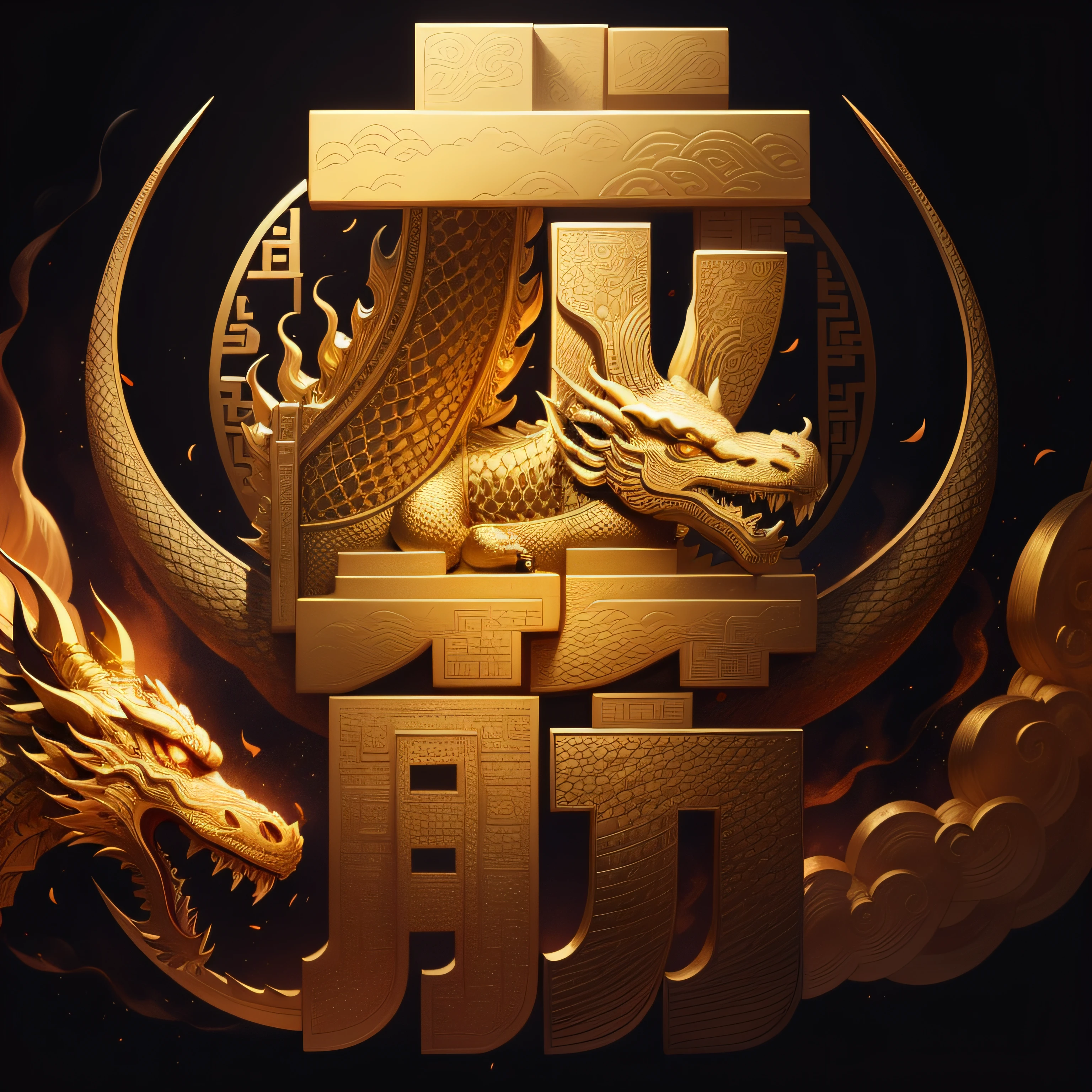 The dragon hovers over the Chinese-style building,gold,totem,Pattern,tmasterpiece,Best quality,ultra - detailed。