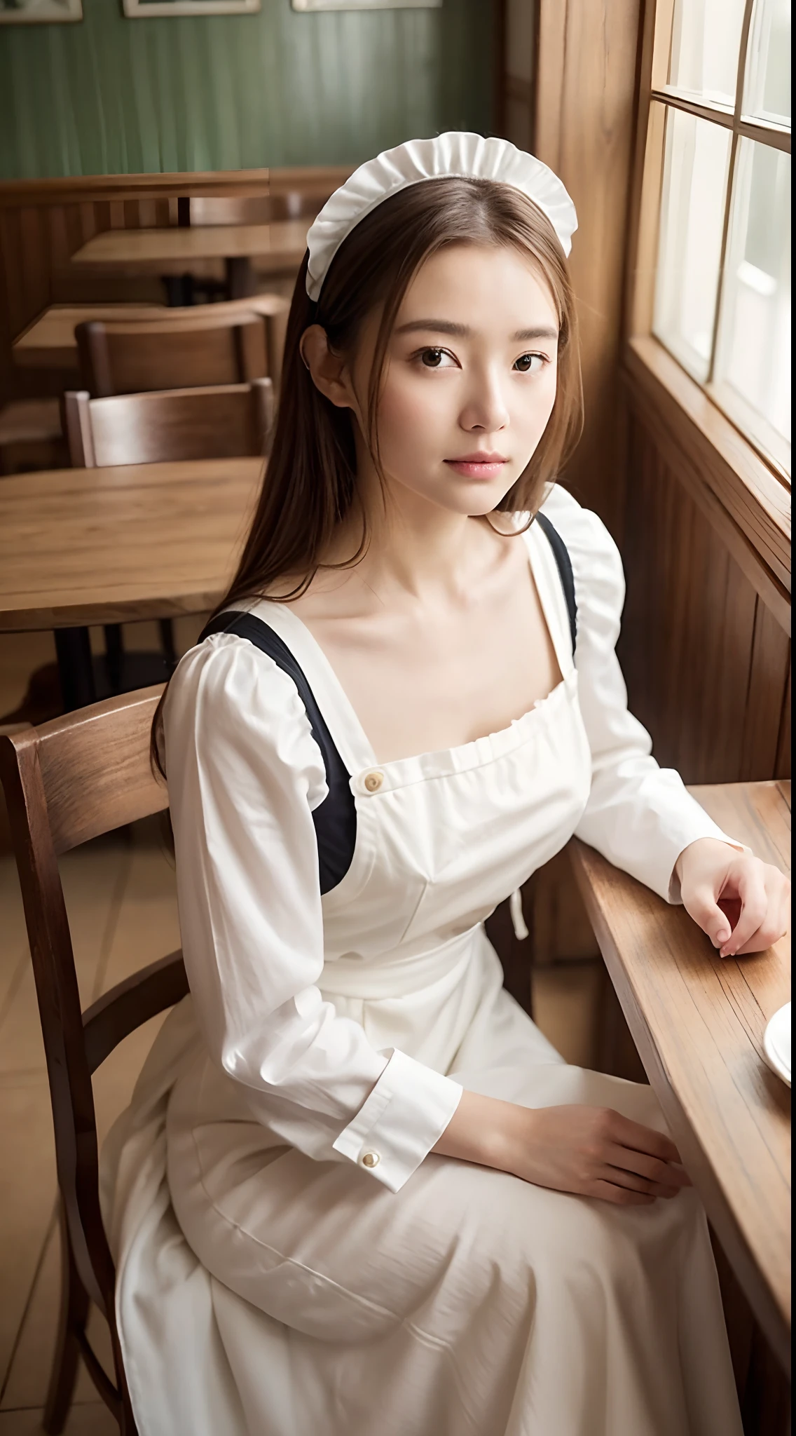 (in a cafe:1.2)、(Spread the highest quality 8K video:1.2)、(Viewers look down from above:1.2)、30 year old young woman with beautiful detailed style、endearing、(((Maid clothes with little exposure:1.2)))、(Sit gracefully in a chair:1.2)、Her beautiful detailed face is、Sophisticated makeup、Beautiful details in the eyes shine、Dazzlingly beautiful detailed duplex、Complement its eyes、(Attractive brown hair:1.2)、Perfectly harmonizes with her atmosphere、 She stared at the viewer with a calm expression.、Receive orders with graceful gestures、Gorgeous flowers in the café々Decorated with、Quiet atmosphere、(With a gentle gaze:1.2)、With its beautiful detail style、Warm brightness in the store、 This scene is、It depicts a beautiful scene like a masterpiece.、Viewers can enjoy its beauty in 8K quality、Her presence is、Add charm to your café space、Viewers get a closer look at beautiful details.、It was a fun time、