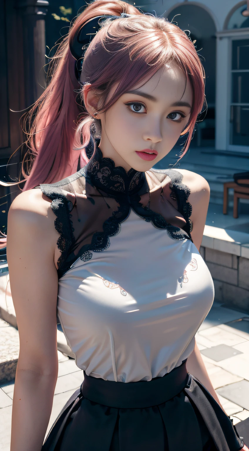 full body, A korean young girl, yo, 15orean young girl is in a field, fantasy field, small breast, petite figure, pink hair, ripped fantasy clothes, small tits, 1girl in, Rough breath, Frightened look, ((thin-waist)), a small face