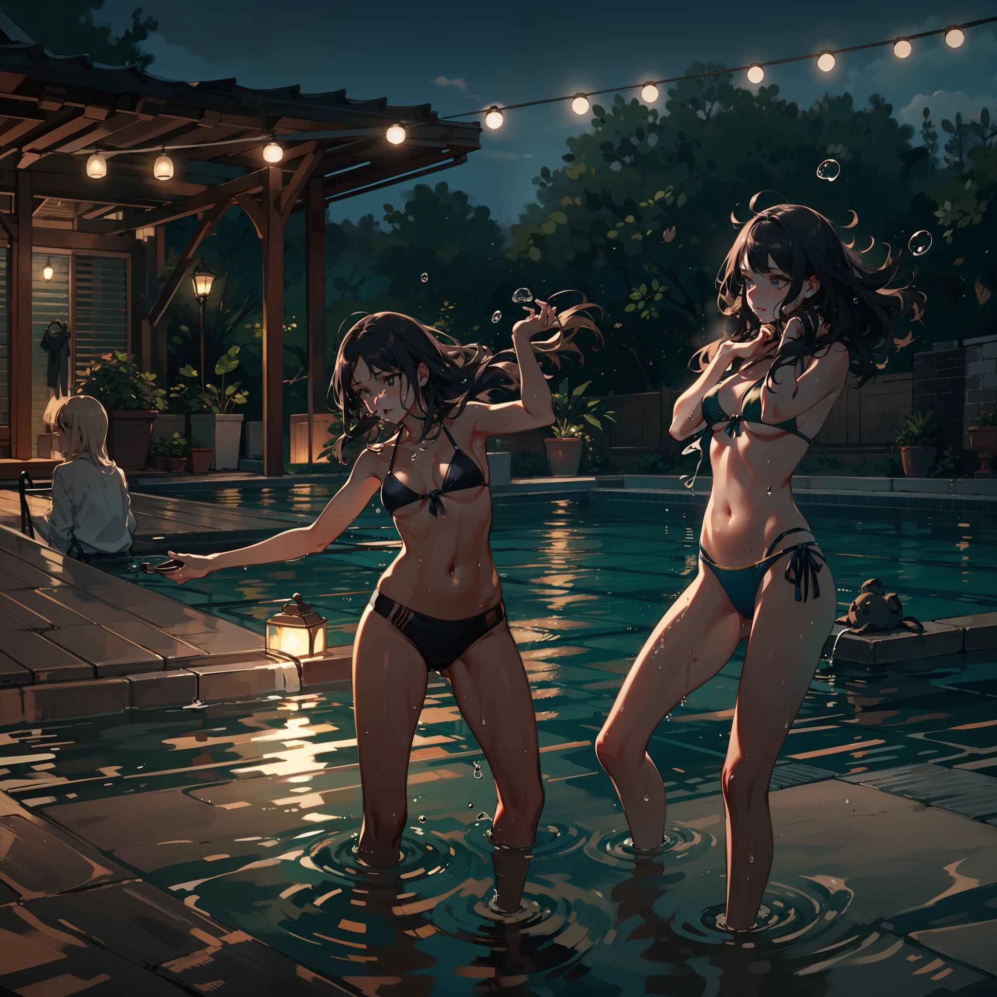 Wearing sweat,dutch angle shot,ground-level shot,low angle,full body shot,medium shot:1.8,Mid summer,The bikini,Night Pool:1.8,jumping into the pool,Blowing in the wind,Wet hair,2 girls in , (Raw photo: 1.2), (Realism: 1.4), (masutepiece: 1.3), (exquisite detailing: 1.2), kiss,Delicate and beautiful details, (Eye Detail), (Facial Detailed), (Highest Quality) :1.4), (Hyper-Resolution: 1.2), cinematric light, (very detailed illustration), Best Quality,depth of fields, Wide light, natural shadows