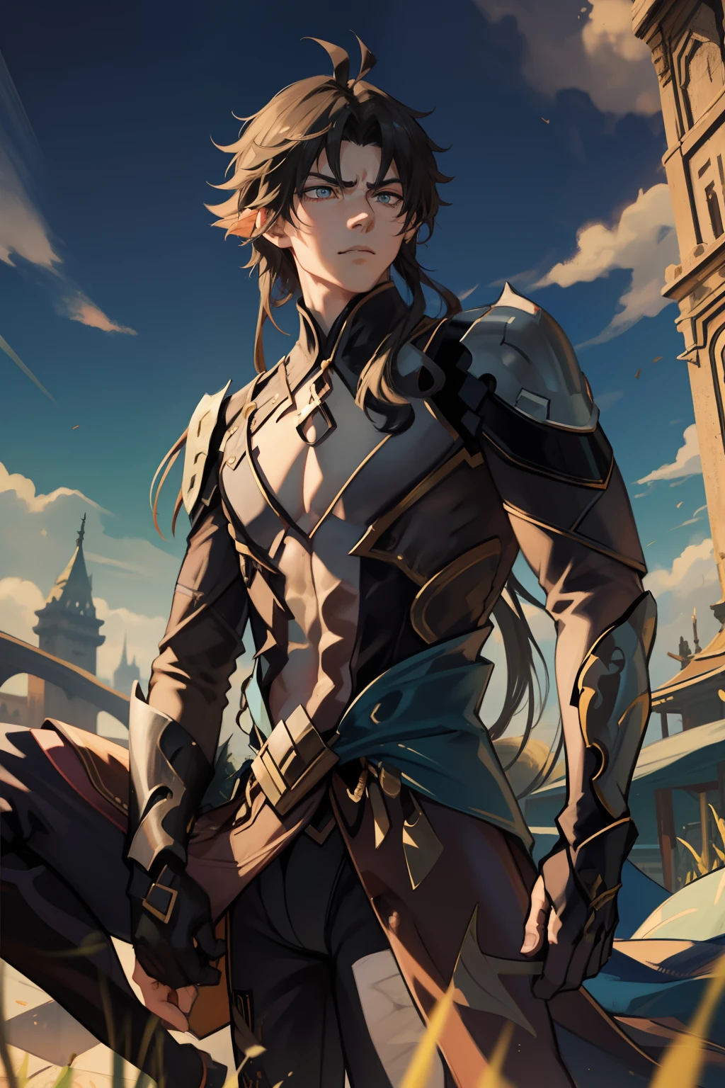 (absurderes,A high resolution,Hyper-detailing,hdr),Dragon's horn,younge boy,tmasterpiece,best qualtiy,1人,独奏,Handsome,Golden eyes,Fine eyes and detailed face,toppless,Tattooed with,arma,Indifferent and arrogant,Abs,chest muscle,Raised sexy,Ruffian,Show your temperament,Male,masculine appeal,Male characteristics are distinct,Long messy hair,Arrogant,self-assured,Majestically holding a spear,Pondering,Legs crossed,white pantie,supreme,Lazy,Handsome,