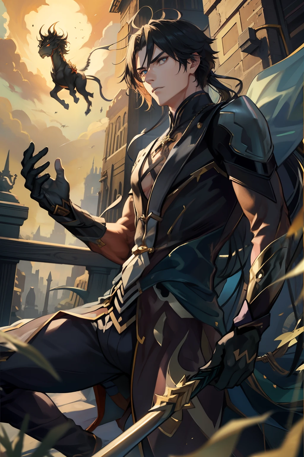 (absurderes,A high resolution,Hyper-detailing,hdr),Dragon's horn,younge boy,tmasterpiece,best qualtiy,1人,独奏,Handsome,Golden eyes,Fine eyes and detailed face,toppless,Tattooed with,arma,Indifferent and arrogant,Abs,chest muscle,Raised sexy,Ruffian,Show your temperament,Male,masculine appeal,Male characteristics are distinct,Long messy hair,Arrogant,self-assured,Majestically holding a spear,Pondering,Legs crossed,white pantie,supreme,Lazy,Handsome,