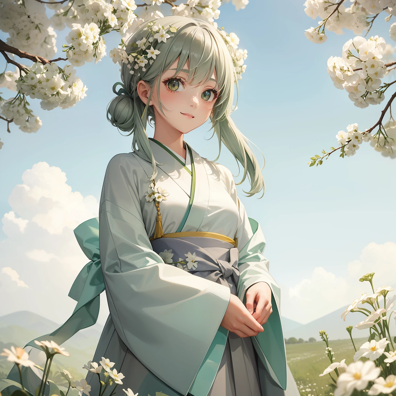 watercolor paiting(Beautifully Aesthetic:1.2)、(1girl in:1.3)、(Gray and green hair,:1.2)、natta、colourfull、starrysky、sacredness、White Gypsophila elegans flowers、White Gypsophila elegans are blooming、Fantastical、happily face、Wearing a green and white kimono、