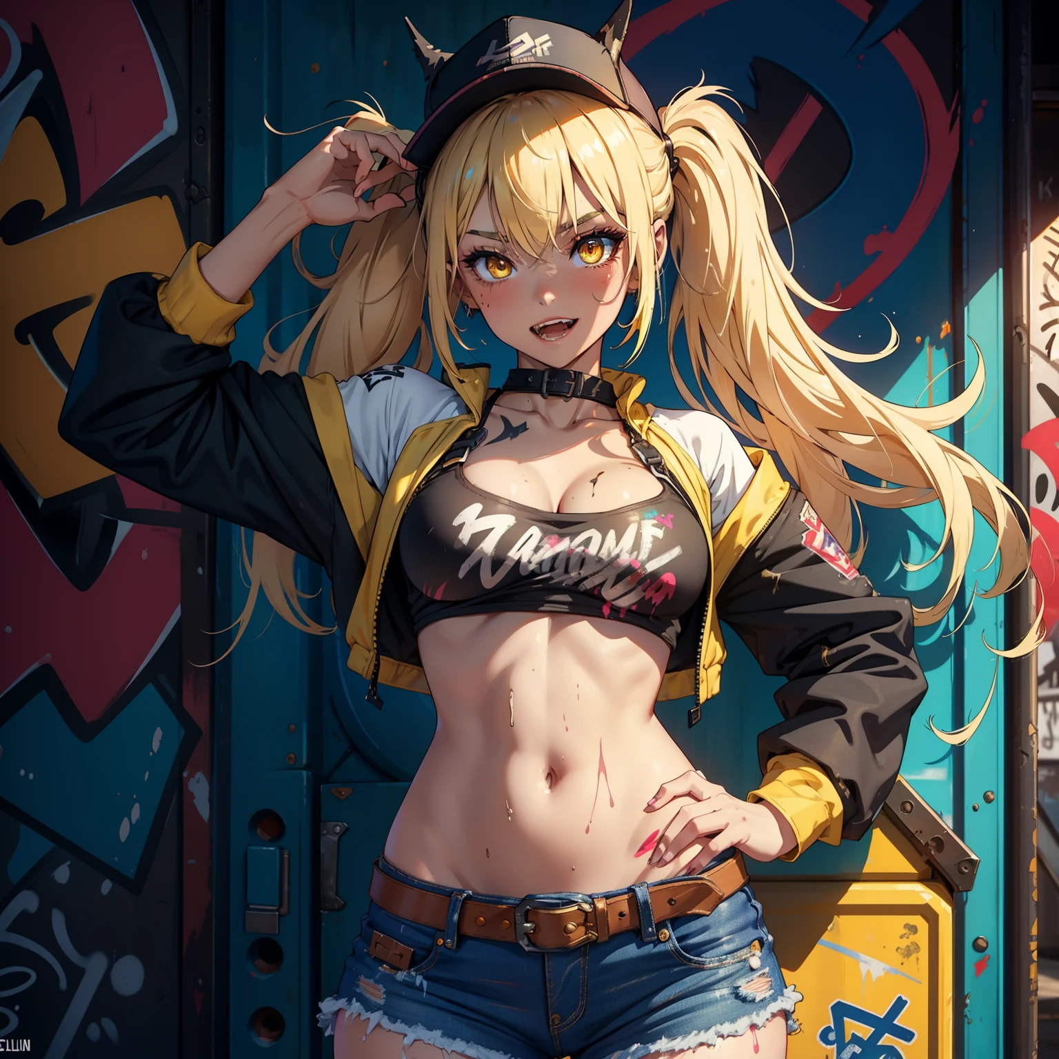 Original Character, Volumetric Lighting, Best Shadows, Shallow Depth of Field, Portrait Of Stunningly Beautiful Girl, Petite, Delicate Beautiful Attractive Face With Alluring Yellow Eyes, Messy Painted Face, Sharp Eyebrows, Broadly Smiling, Open Mouth, Fangs Out, Lovely Medium Breasts, Layered Long Twintail Blond Hair, Blush Eyeshadow, Thick Eyelashes, Applejack Hat, Oversized Pop Jacket, Mini Underboob Tee, Open Navel, Slim Waist, Denim Jeans Pants, With Buckle Belt, In The Graffiti Alley, Waste Container, Outside Stairs, Outdoor Unit, Holding Spray Paint Can, Standing, (Highest Quality, Amazing Details:1.25), (Solo:1.3), Brilliant Colorful Paintings