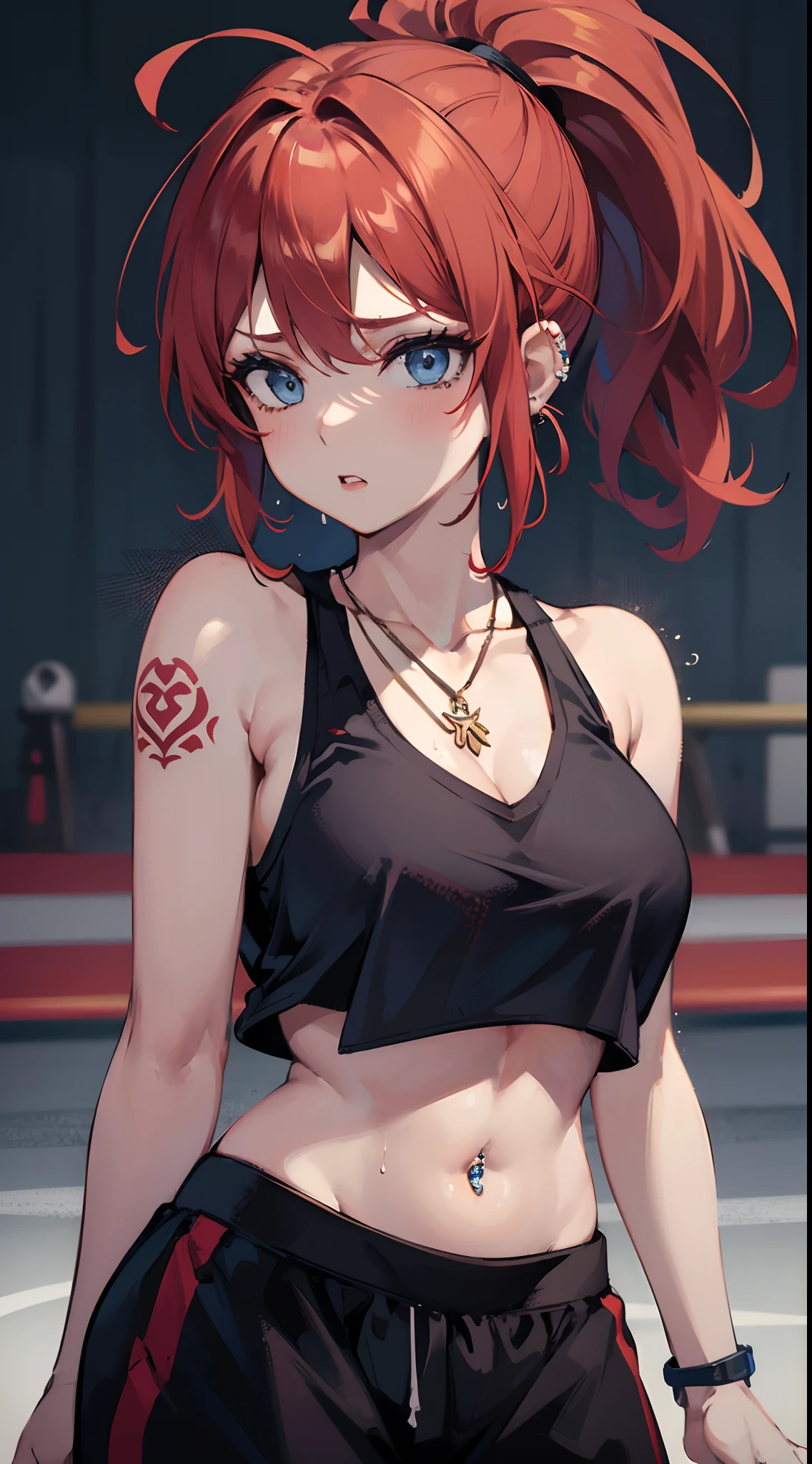 1 girl, solo, only one girl ,red hair, short ponytail, blue eyes, crop top, bare shoulders, necklace, piercings, big boobs,belly tattoo, hand tattoo, jogger pants, gym, jogging, sweating, Basketball, basketball court, drenched in sweat