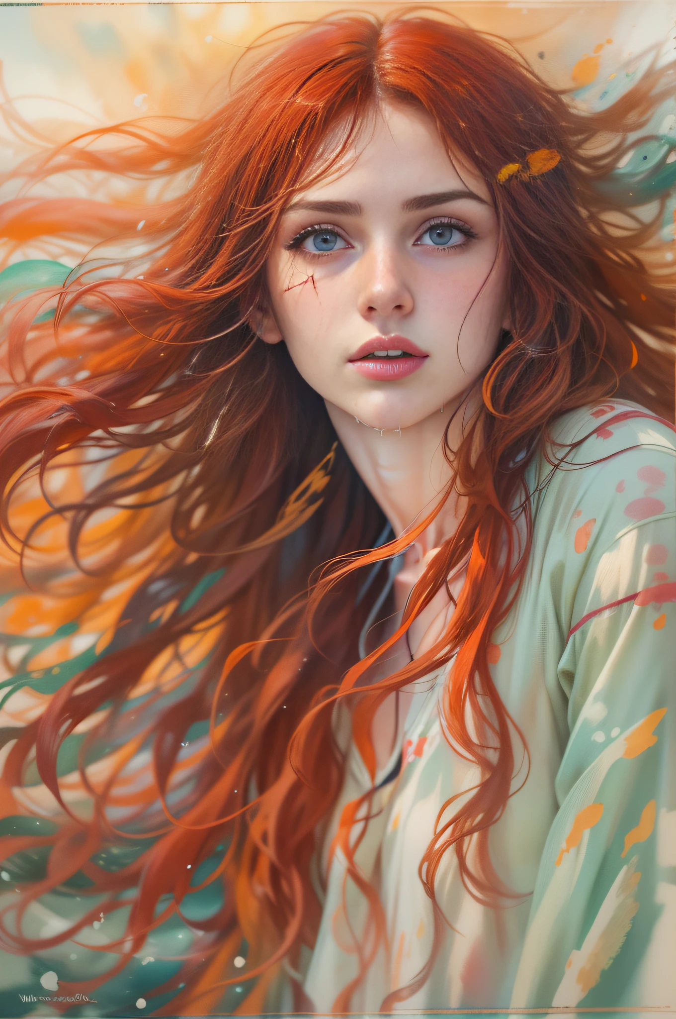 A prize winning AI generated splash paint upper body portrait of a wild-haired Waterhouse beauty wearing a colourful modest swimsuit; she has beautiful eyes and a beautiful mouth and milky skin; she is posing with her hands behind her head on a white beach, wearing a colourful modest swimsuit; she has spectacular long red hair blowing in the breeze; backlit, watercolor, bold pastel colours, wet on wet, speed paint, soft and gentle, powerful splash effect, drip effect, Dee Nickerson, no artefacts on face, clear skin, no marks on face, realistic hair, eyes both focussed on the same place, big beautiful eyes exactly the same size, both pupils perfectly round, one head only,