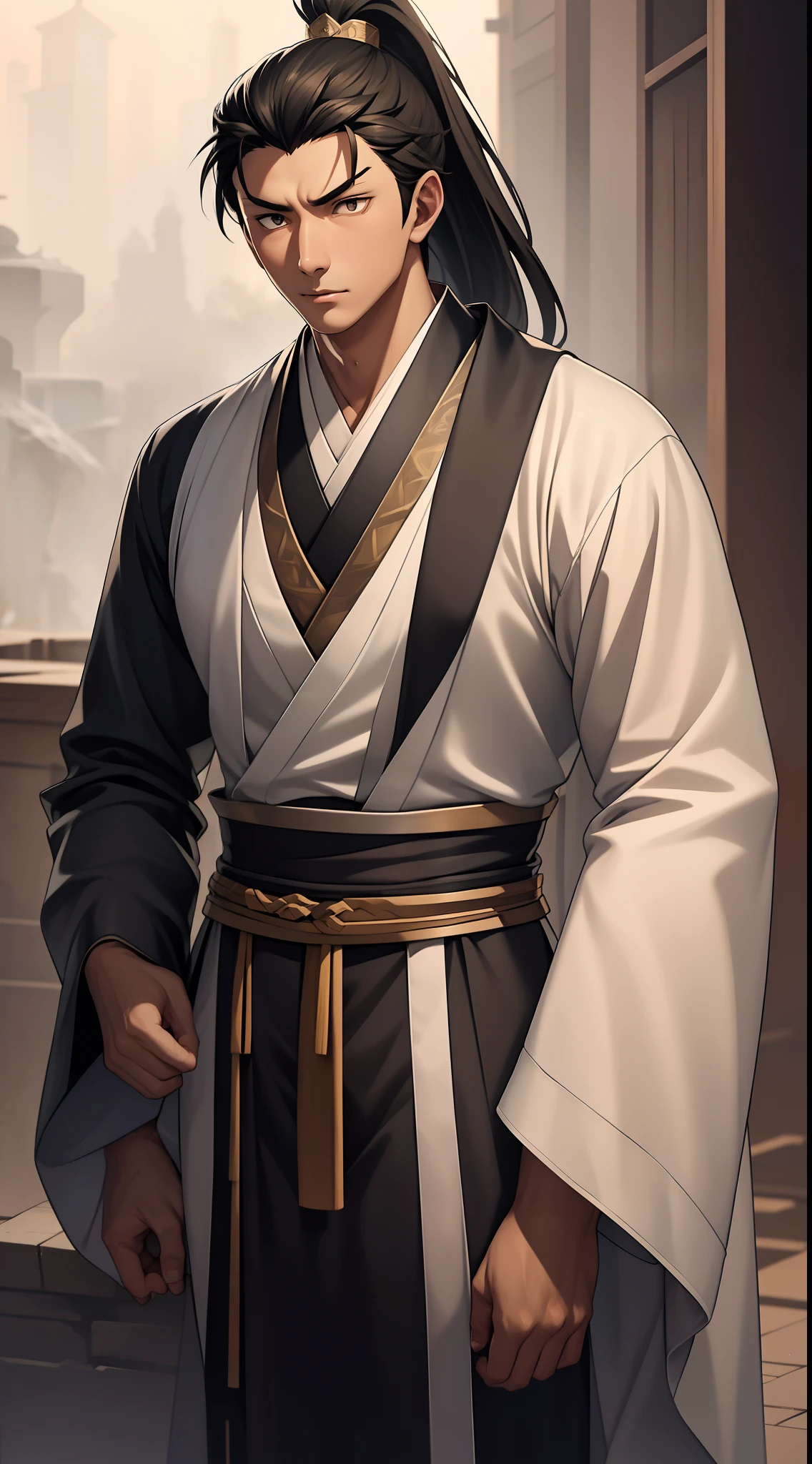 quadratic element,style of anime,mtu(Male Warrior),The proportions are correct,Face details,swordsmen,High ponytail hairstyle,Neck details,There is an Adam's apple,Black Hanfu,kaftan,black toga,clothes details,Handing over,longer sleeves,Game quality,Swordsmanship,Light and shadow tracking,Ray traching,detailed glow,cg render,hair detail,cabelos preto e longos,Black ㇏ eyes,Handsome,Handsome,(juvenile sense),Clothing is complicated,Perfectcomposition,Refinement,high qulity,higher details,Lots of details,The background is complex,a sense of atmosphere,