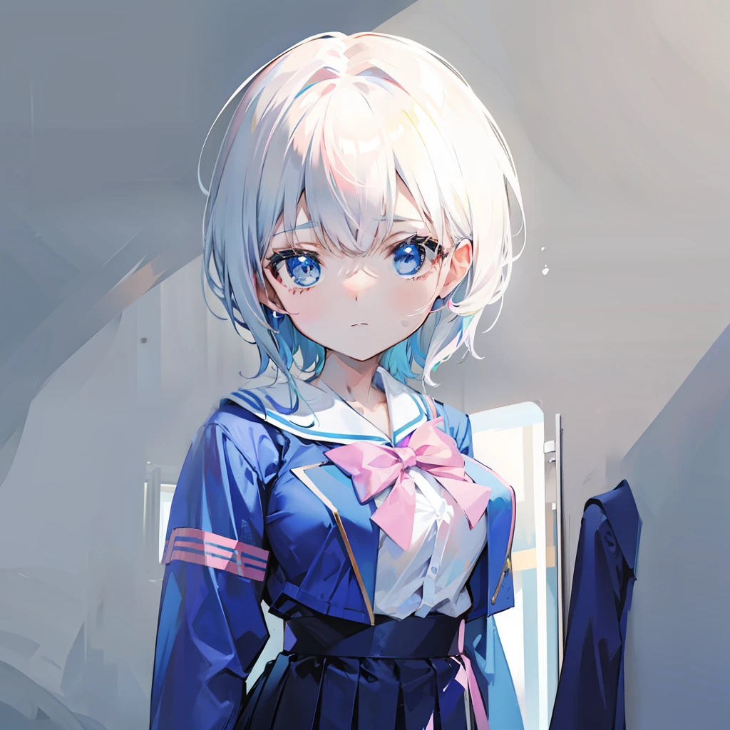 A shiny blue-pink Japanese high school uniform for female high school students,Big chest,Clothes are not exposed