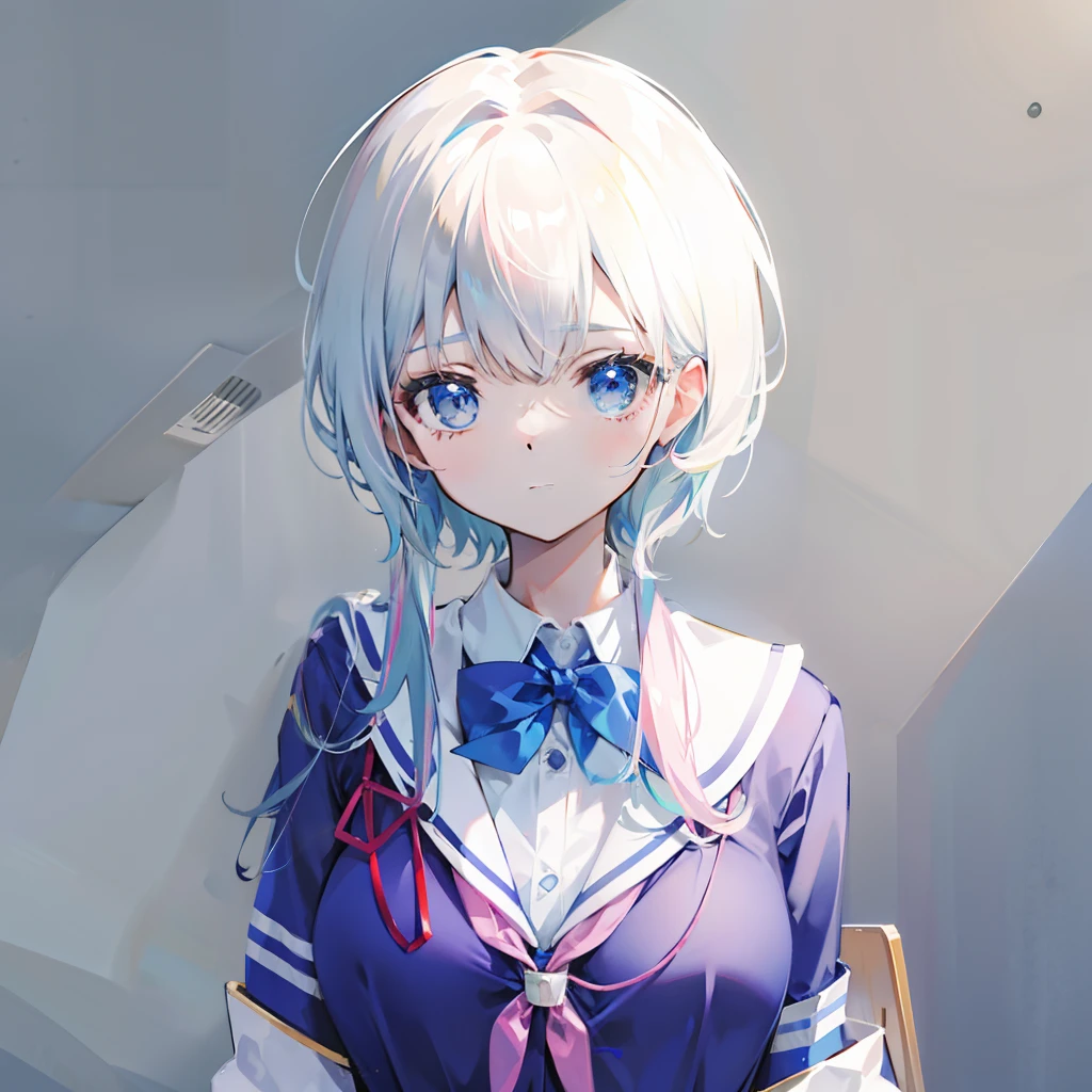 A shiny blue-pink Japanese high school uniform for female high school students,Big chest,Clothes are not exposed
