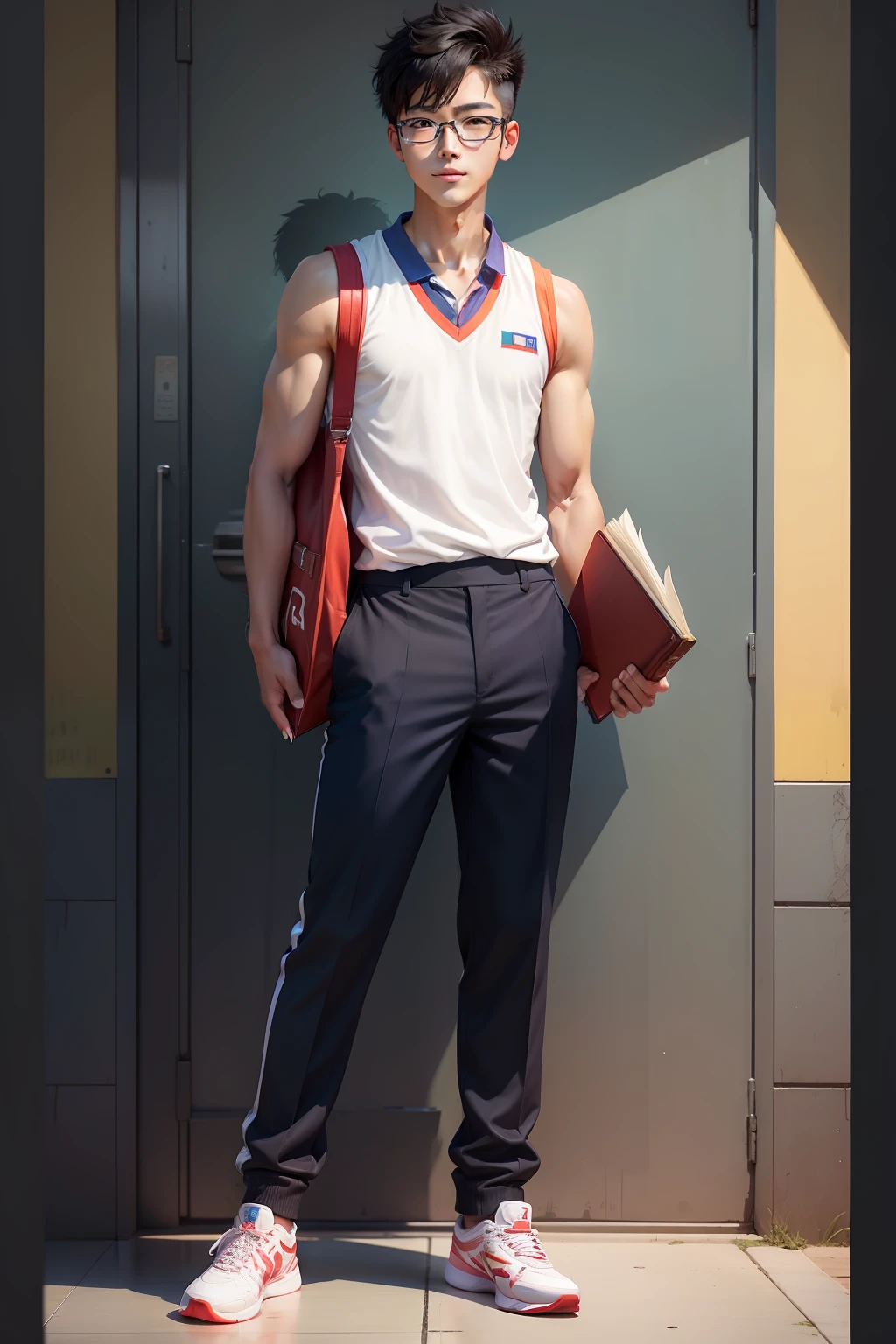 Chinese male high school student, Sleeveless summer uniform, Colorful basketball shoes, School uniform trousers, Holding a book in hand, wears glasses, Stand up straight, Handsome, ssmile, away looking, musculous, Bright eyes, Look ahead, Protruding , Super detail, High details, High quality, Best quality, A high resolution