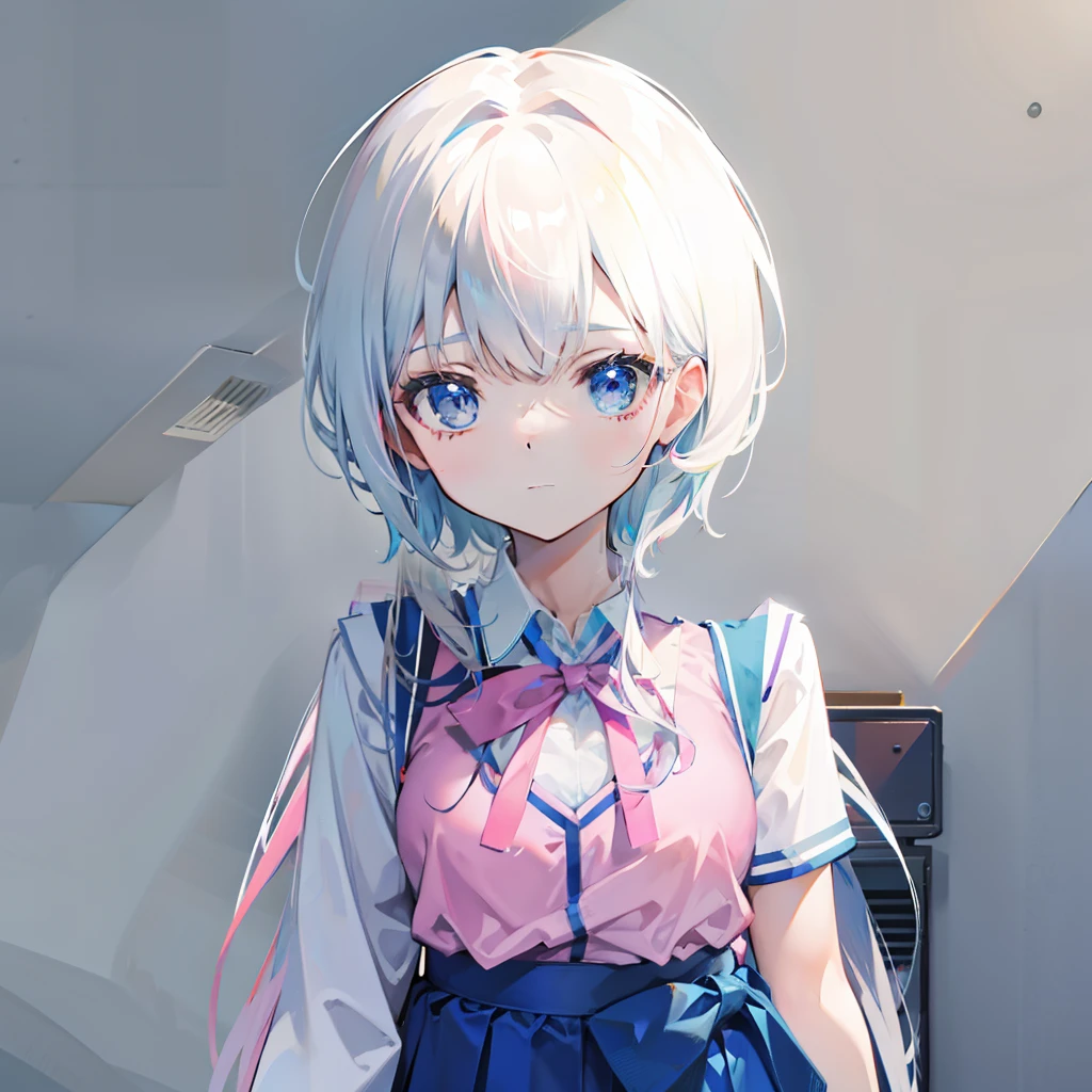 A shiny blue-pink Japanese high school uniform for female high school students,Big chest,Clothes are not exposed