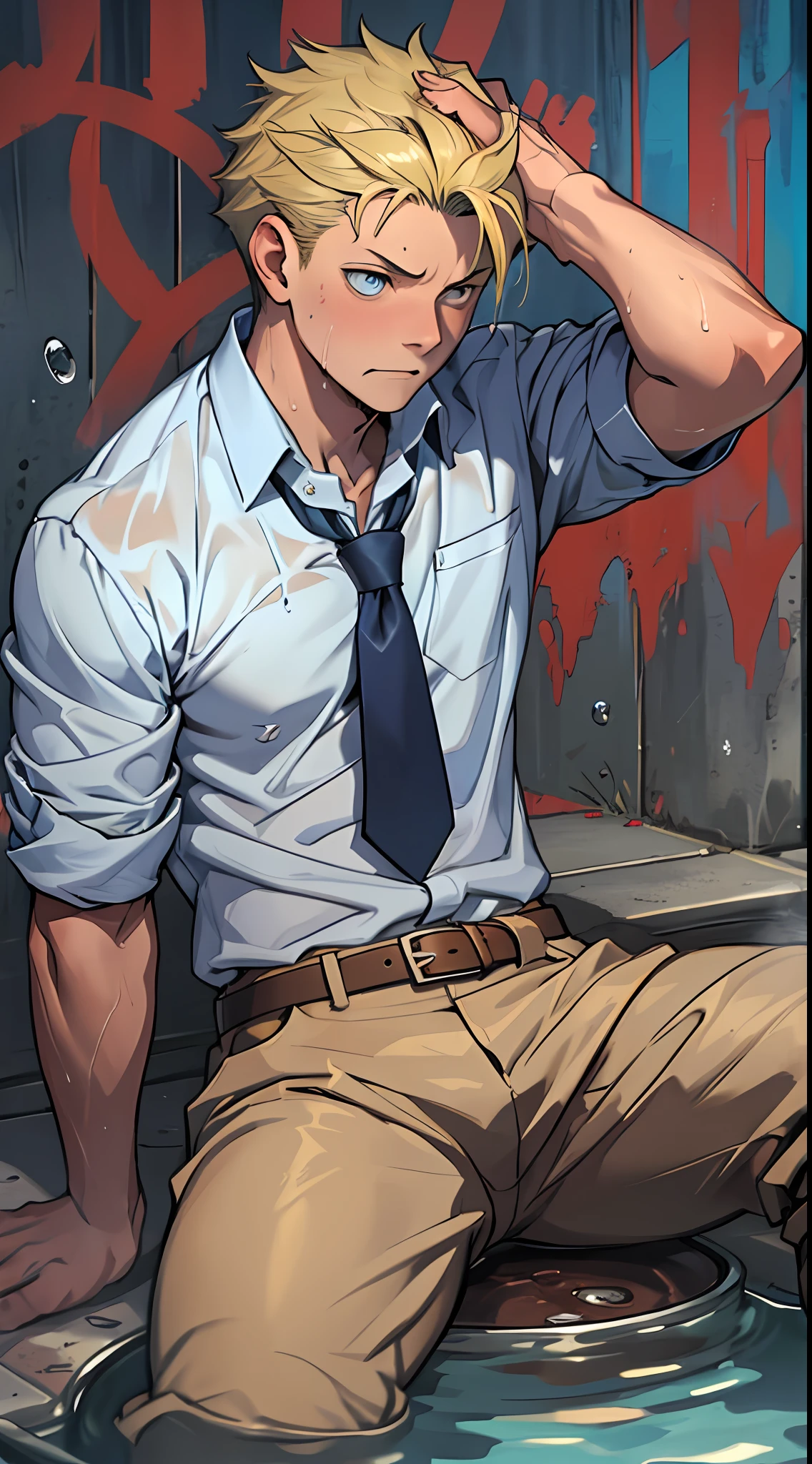 (1 Adult male),A high resolution, Sharp focus, Pixiv masterpiece, ((Complicated details)), highly detailed, natsuki_subaru, 1 man,perfect male figure,Urine on the trouser leg, Nervously bow your head,is shy,embarressed,exhilarated,is shocked,panicking,worry,A pool of urine formed around him,Very eager to pee,Unbearable,Wet yourself,Urine discharge,full bodyesbian,sit astride,Tired,decadent, blue color eyes(eyes glowing), Short yellow hair,white shirt,Wear a tie,Wear a belt,trousers,perspire,Drenched,Get wet,pissing,urine flows down the pants,look from down