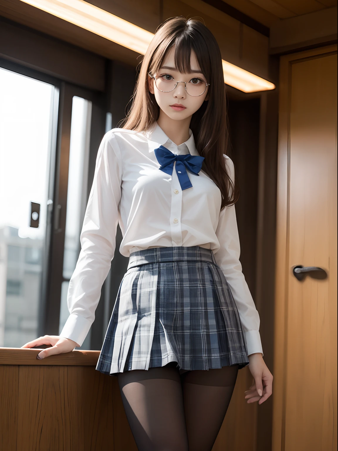 Very detailed 8k wallpaper)、sharp-focus、in detail、drama、Delicate and beautiful schoolgirl、Full body like、(Sheer white shirt、)necktie、Dark blue pleated micro mini、light brown-hair、Smooth pigtails、Sexy、(Dark pink underwear、)a smile、Peek at the viewer、Beautiful graphics、Bright school building、Full of students、Show me your whole body、(Show me your panties、sitted、)White socks、Korean Idol、Nogizaka Idol、hposing Gravure Idol、actress、fashion model pose、tall