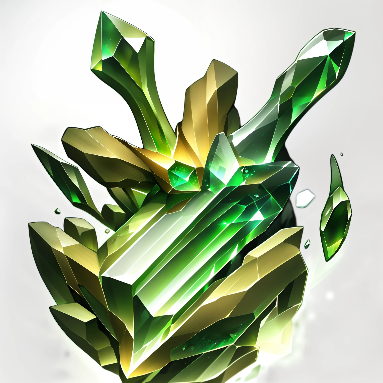 Close-up of green spar, Green crystal, game icon asset, emerald artifacts, glowing green crystals, thin green glassy crystal shards, selling a gem, Crystal Shard, Gemstone, ashes crystal, herrarthstone, emeralds, green aura, detritos, Pedras preciosas, crystallic，Stylized 3D rendering，No Man，There is no human body，NO double hands