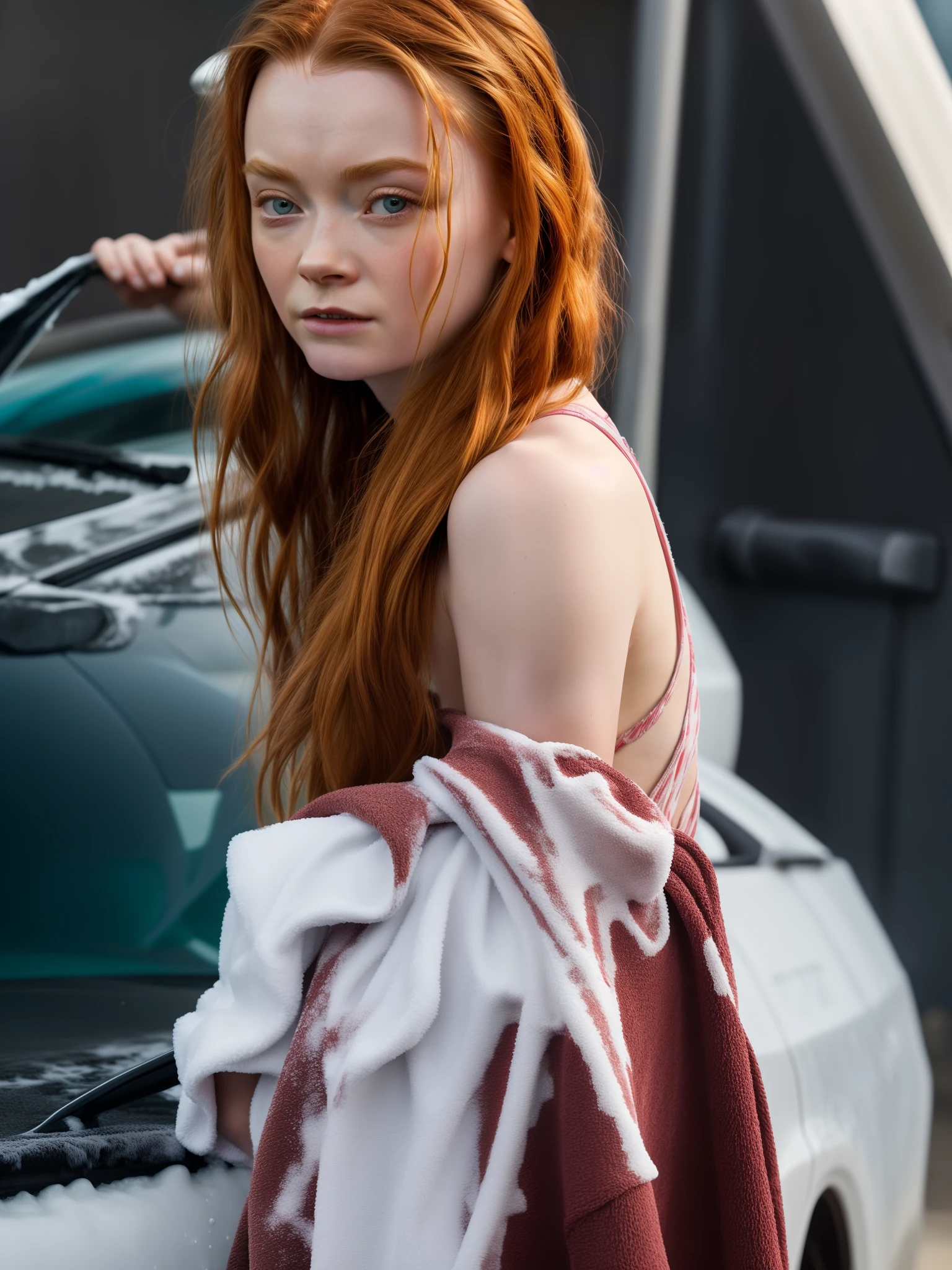 (Sadie Sink) ,Carwash, Lather your whole body, nasses Haar, Meisterwerk, Ultra-detailliert, ultra realistisch, highest quality, RAW-Foto, Waschanlage