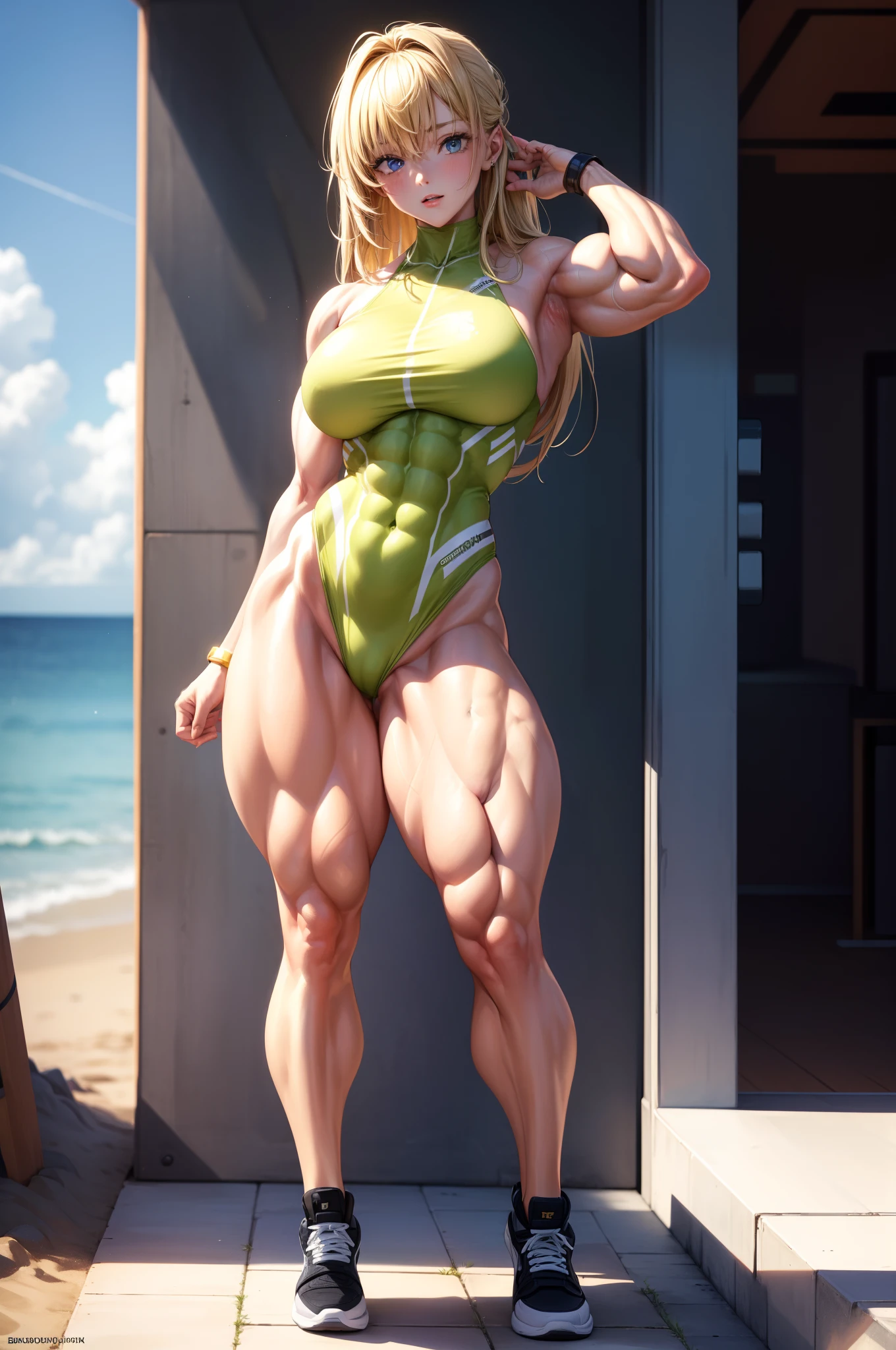(BEST lighting) , (ultra intricately detailed) , 4K unification, (super-detailed CG: 1.2) , (8K: 1.2),(Original), (Masterpiece) , (Best quality),(Masterpiece:1.4),Anime-ish high quality,(Masterpiece),Masterpiece, Super clear picture quality,Clearer than movies,(Fine face)Best quality, absurderes,((masterpeace, 4K, 8K, Yes, A high resolution))1girll, girls,She was on the beach,standing on your feet,Leaning sideways,Exposing the abdomen,camouflage uniform,There are bulges of dense veins on the arms,Spring, Boots, Perfect figure, Long blonde hair, Dynamic pose,Legs exposed,Strong leg muscles ((body builder:1.5)),beach sand background,(Beautiful bace),(Girl),(Female),(((Upper body:1)))