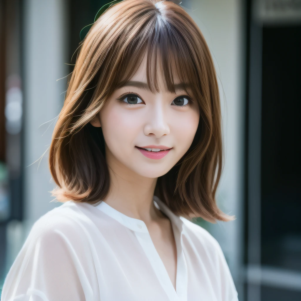 Best Quality, masutepiece, 超A high resolution, (photographrealistic:1.4), 1人の女性, Looking at Viewer, In the streets of Tokyo, shoulder length hair, in a white shirt, Cute Japan actress, beautiful japanese female, Portrait of female Japan idols, Beautiful young Japan woman