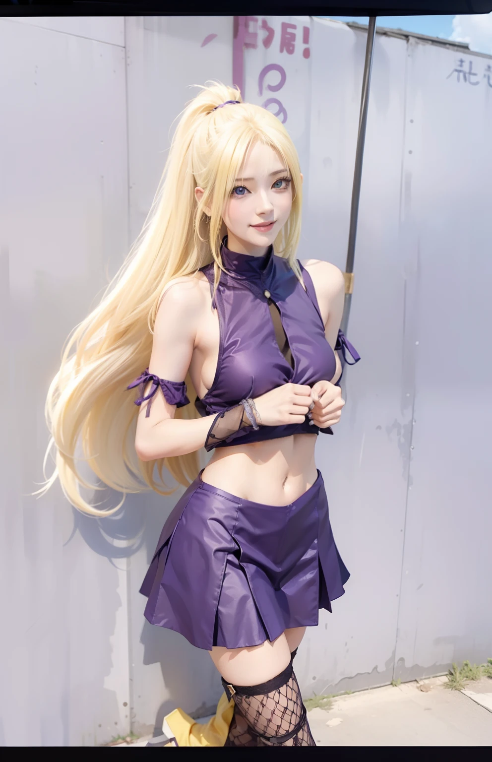 1girl, yamanaka ino, long hair, sexy dress, yellow hair, blue eyes, smile, beautiful, purple clothes, very big breast, sexy clothes, outdoor background, ultra detail, realistic