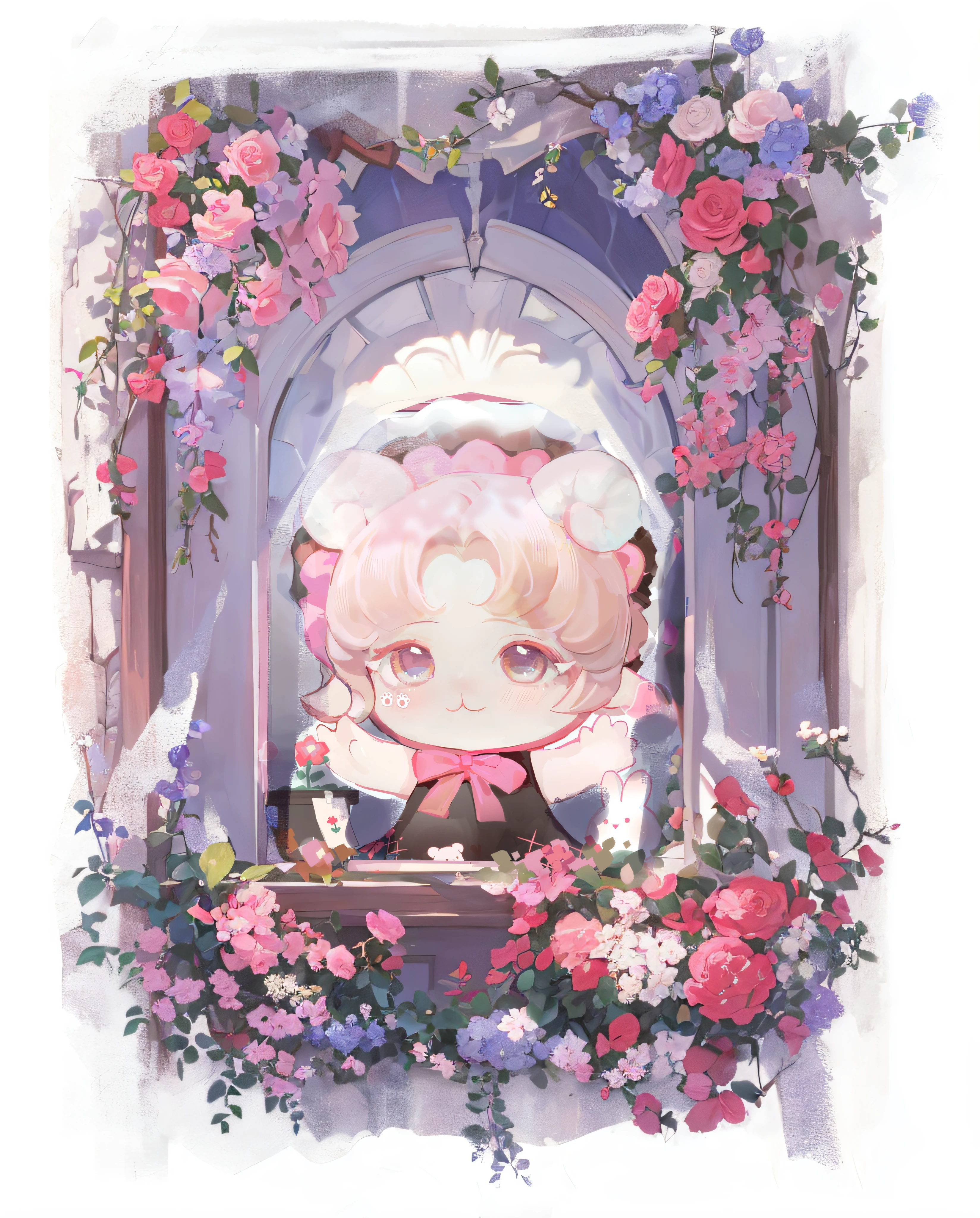 Window with flowers and magical girl portrait, Guviz, Guweiz in Pixiv ArtStation, Guviz-style artwork, Guweiz on ArtStation Pixiv, , zerochan art, guweiz masterpiece, official fanart, Soft anime illustration, , lollipop,opulent,8K,Castle,borgar,opulent,Gothic,Detailed pubic hair,Gorgeous light and shadow,Rosa flowers,European