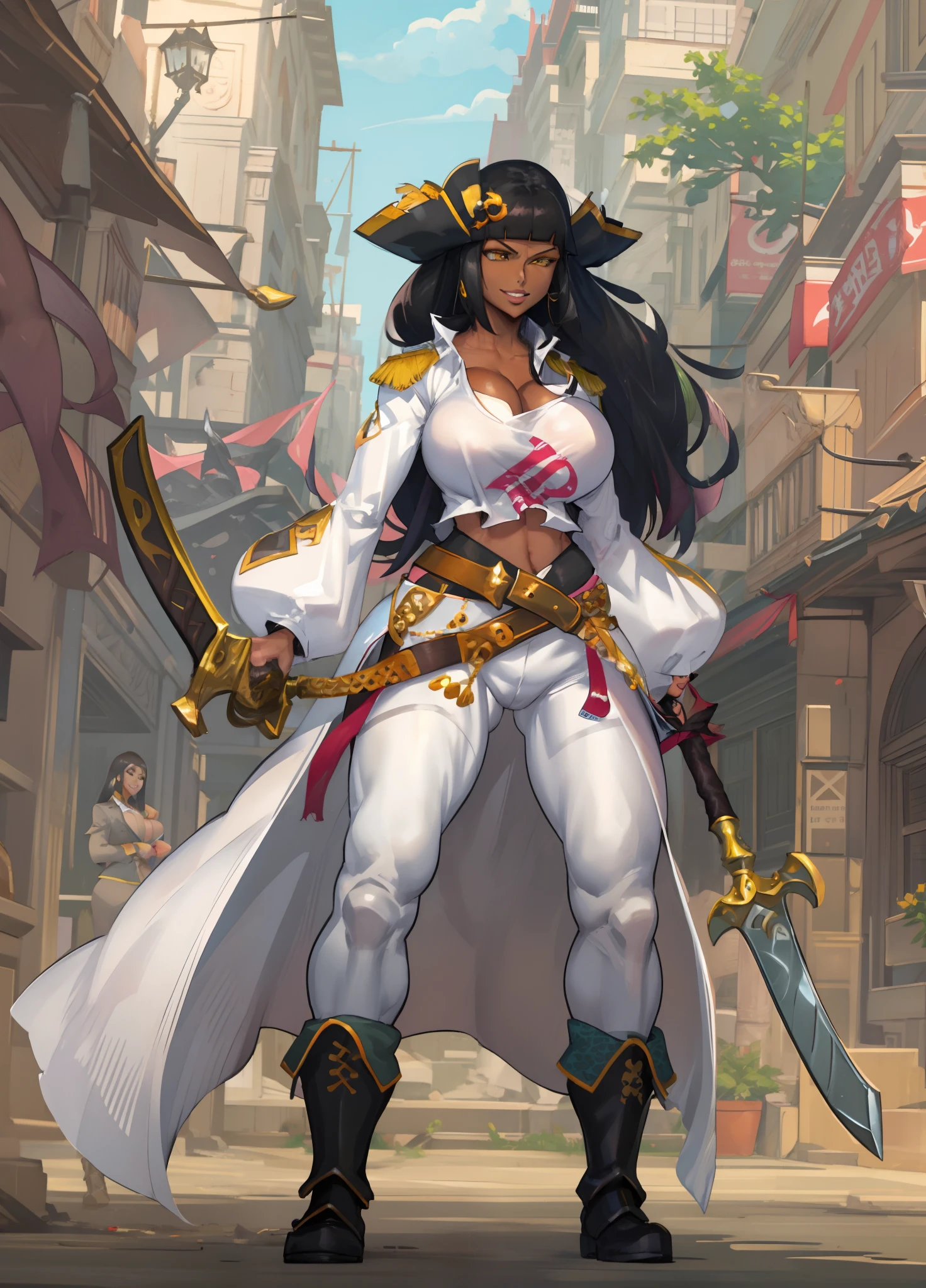 osira, black coat, black pants, white t-shirt, brown belt, athletic, long sleeves, 1girl, hands on hips,holding sword, full armor boots, huge breast, pirate costume, pirate hat, smile,  legend of queen opala, 1girl, osira (character), black hair, darkskinned female, yellow eyes, blunt bangs, big breasts,