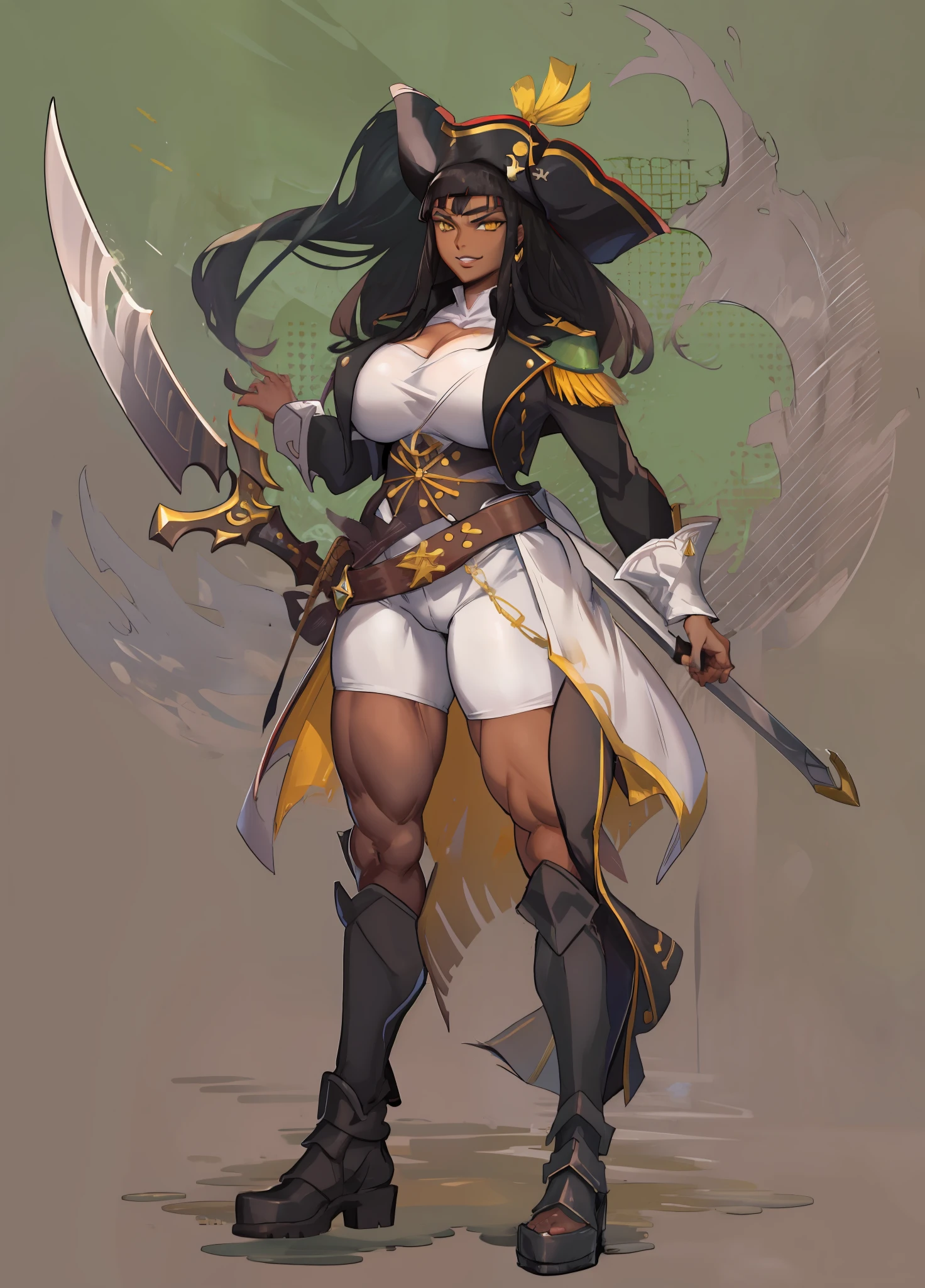 osira, black coat, black pants, white t-shirt, brown belt, athletic, long sleeves, 1girl, hands on hips,holding sword, full armor boots, huge breast, pirate costume, pirate hat, smile,  legend of queen opala, 1girl, osira (character), black hair, darkskinned female, yellow eyes, blunt bangs, big breasts,