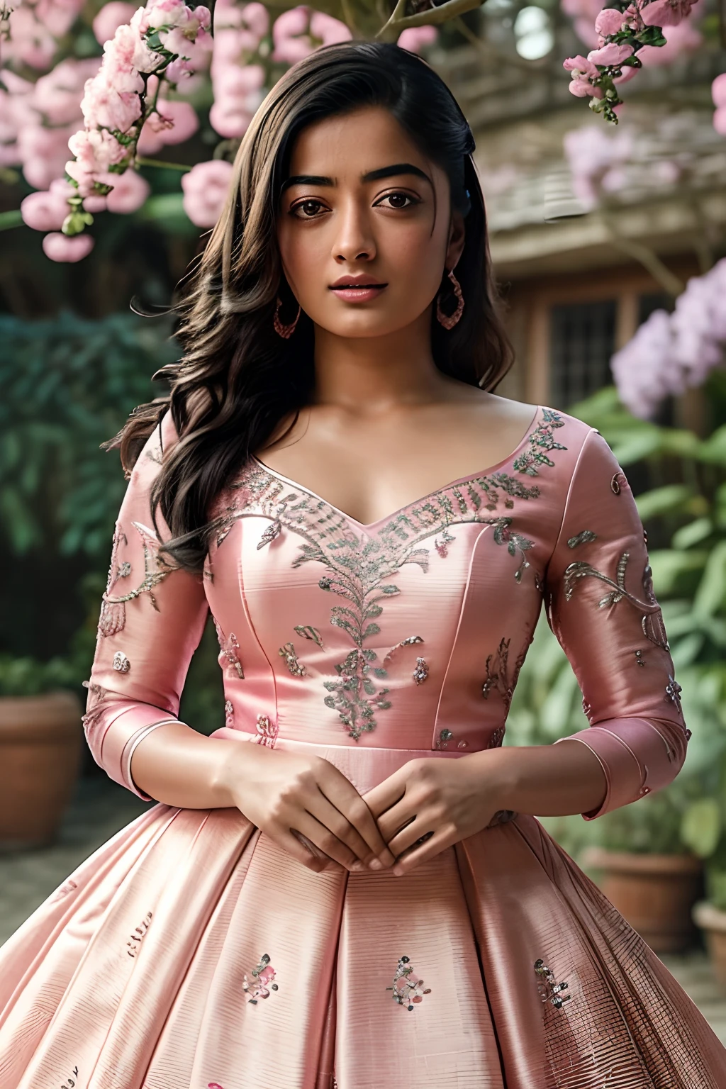 "Generate a stunningly realistic 8K image featuring Rashmika Mandanna in a mesmerizing pink gown, showcasing the intricate folds and exquisite details of the fabric through professional-grade high-resolution photography."