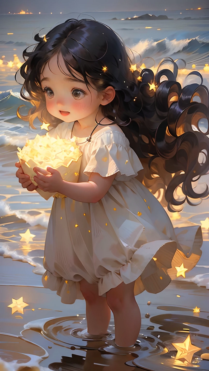 (((Masterpiece: 1.2, Realistic: 1.37, Ultra-high resolution))), Female model, Fair skin, Long curly hair, by the sea, Rose petals everywhere, High contrast, Dynamic, Soft focus, Night, stars, Starry sky, Sea,high qulity,highest quality,((There are no three feet)),((There are no six fingers))